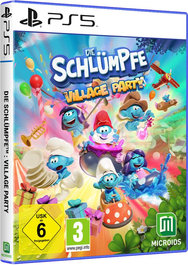 Spielcover von 'Die Schlümpfe Village Party' für PS5 mit Schlümpfen und festlichem Design.
