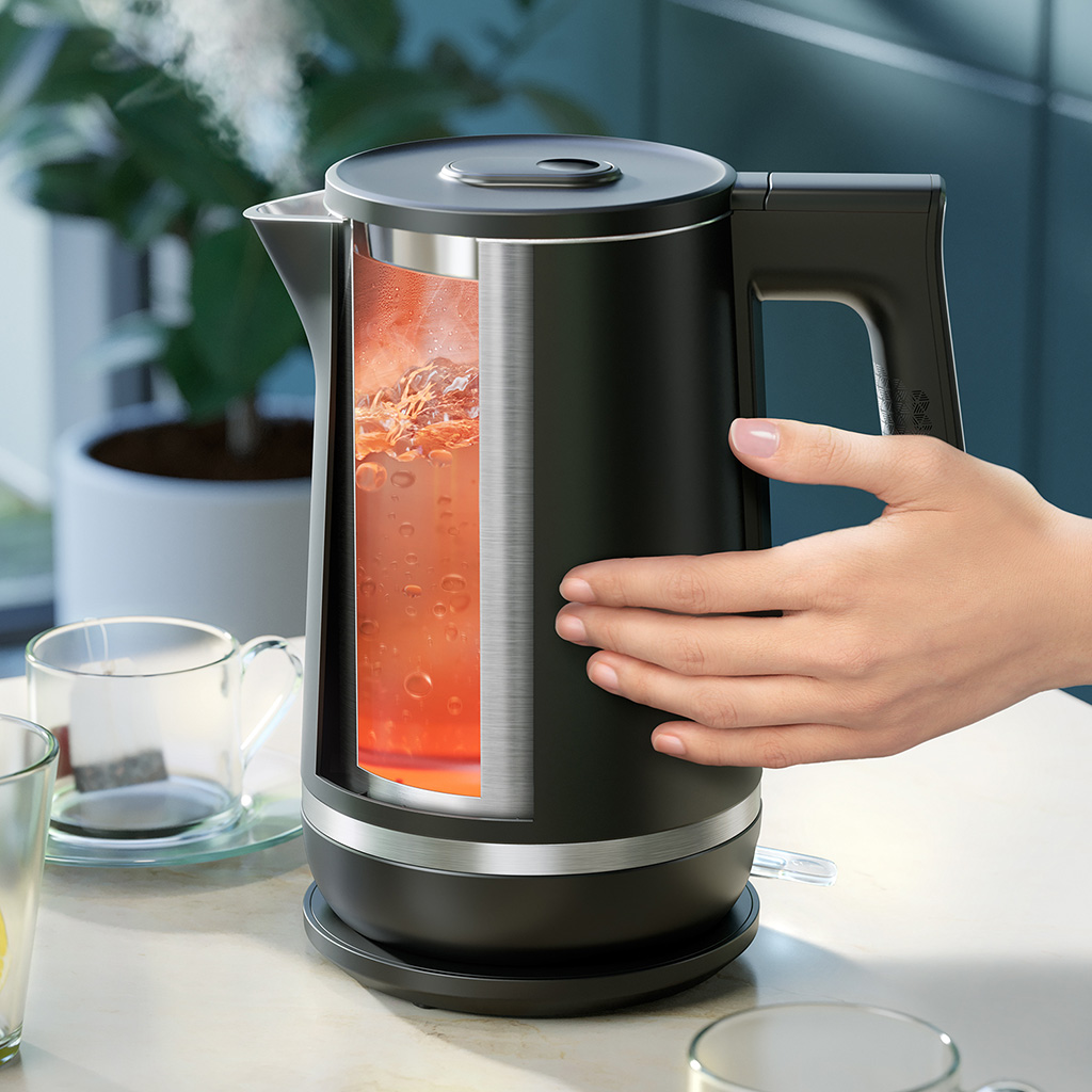 Czajnik elektryczny w kolorze czarnym z widoczną częścią wody i herbaty w środku.