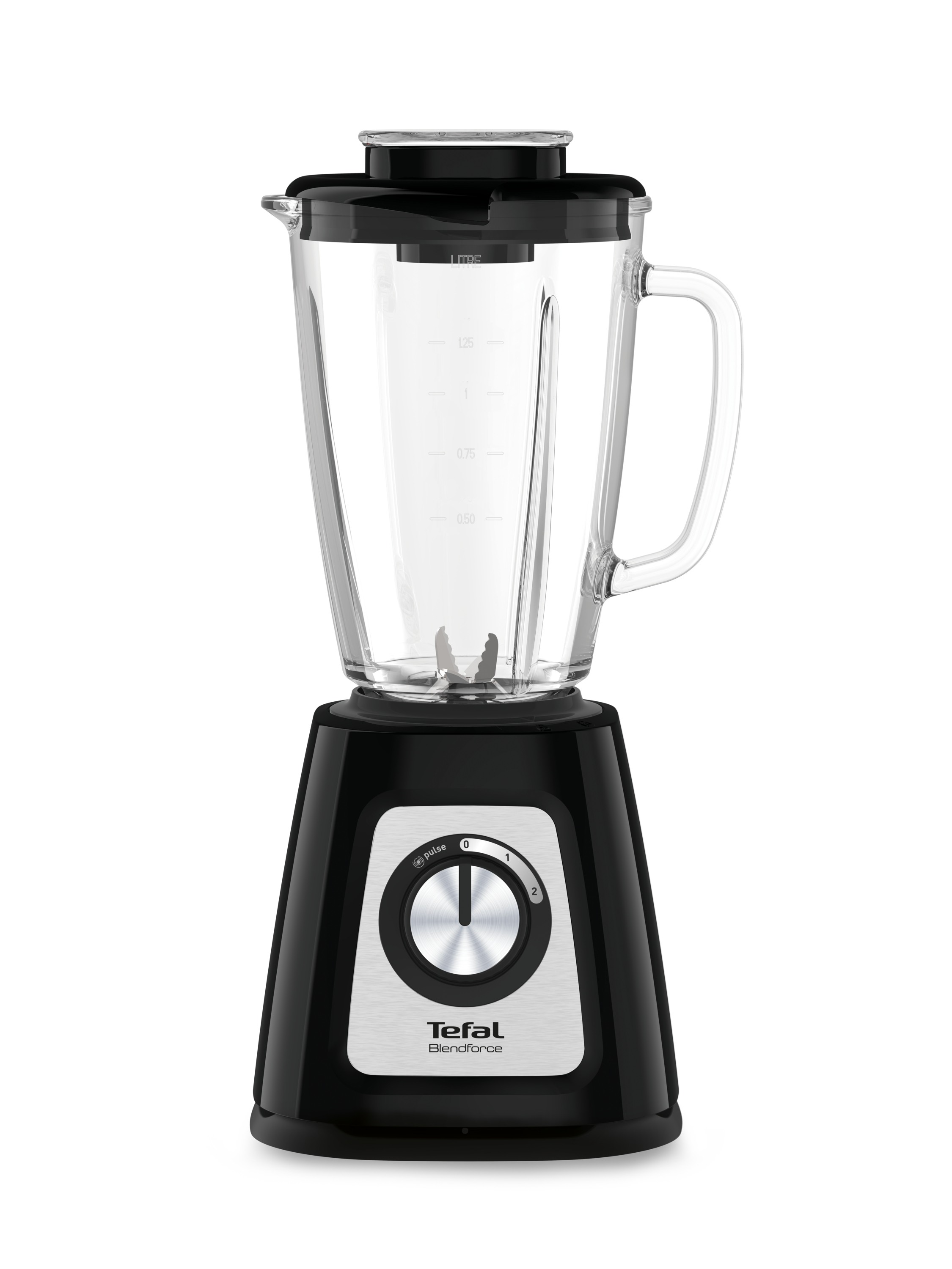 Schwarzer Mixer mit Glasbehälter. Der Sockel hat einen Drehregler und eine silberne Platte.