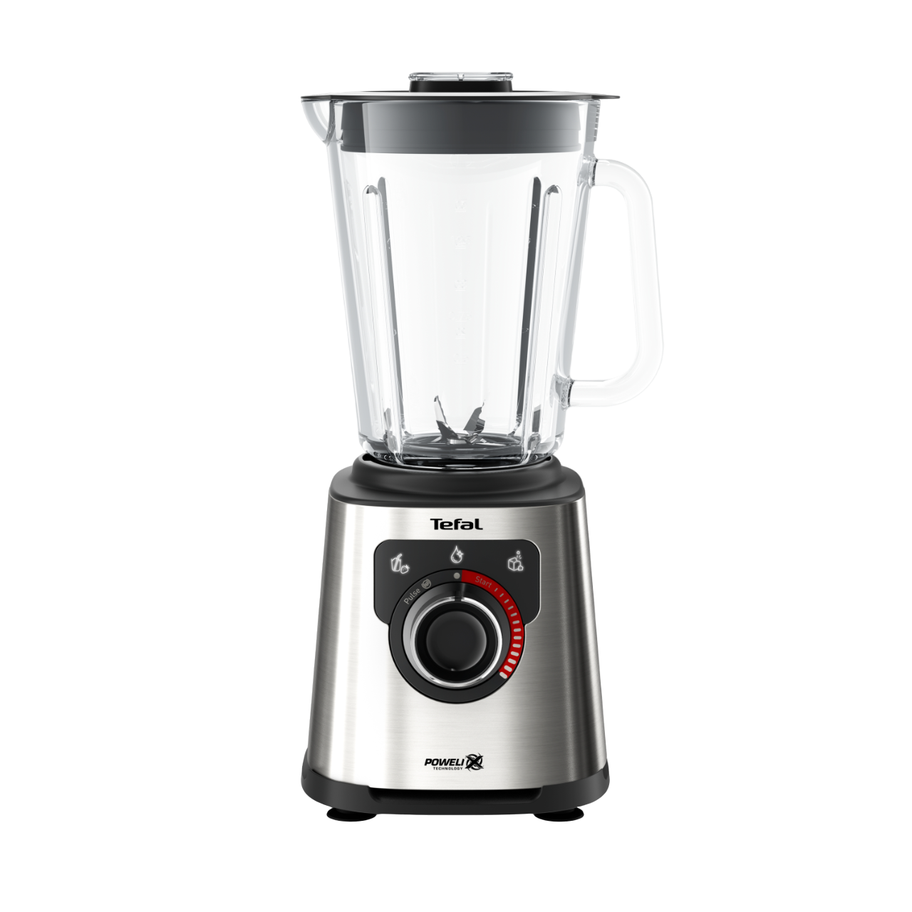 Ein Edelstahl-Mixer mit einem Glasbehälter. Schwarze Basis mit roten und schwarzen Bedienelementen. Schwarzer Hintergrund.