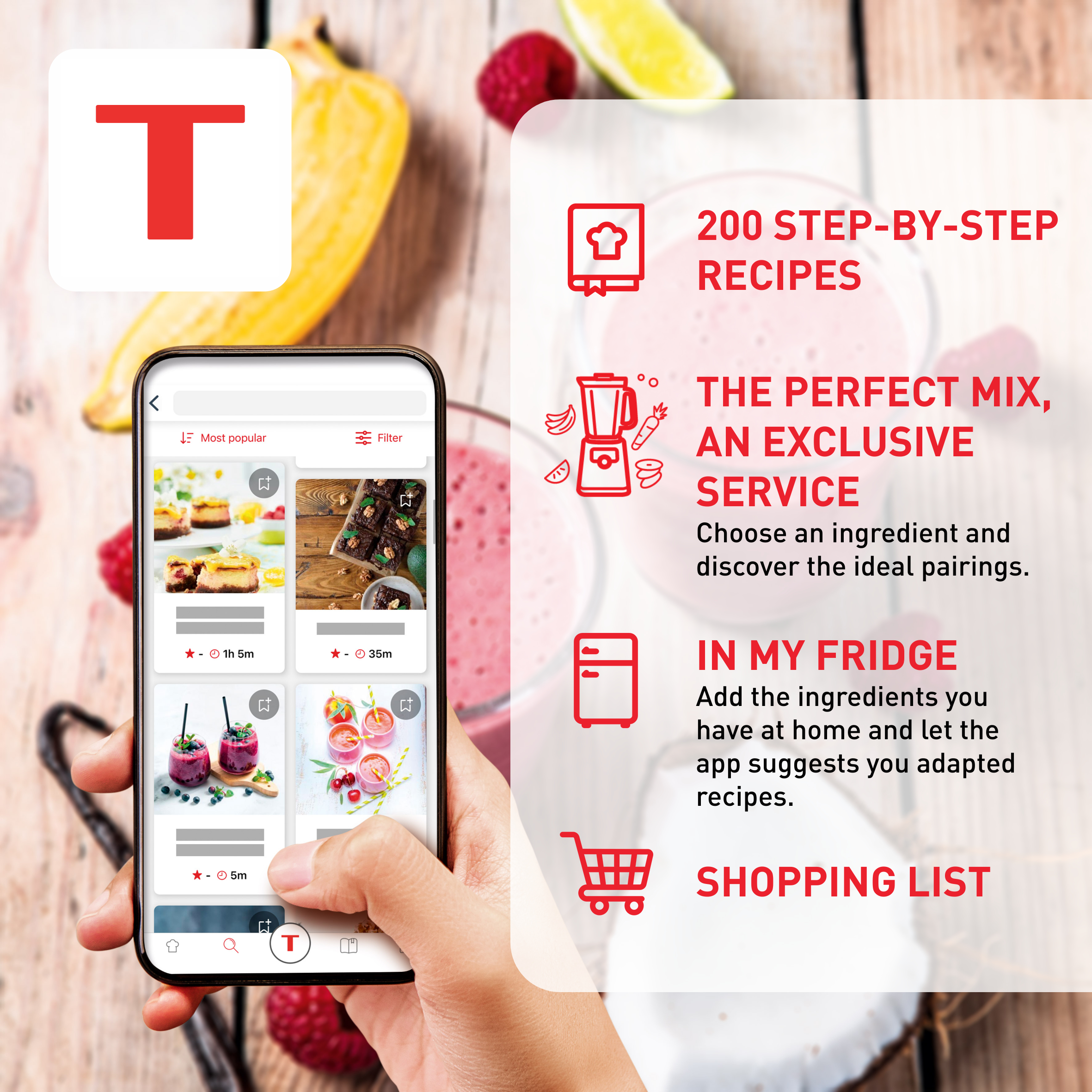 Telefonbildschirm mit App-Oberfläche: Rezepte, Zutaten, Einkaufsliste.