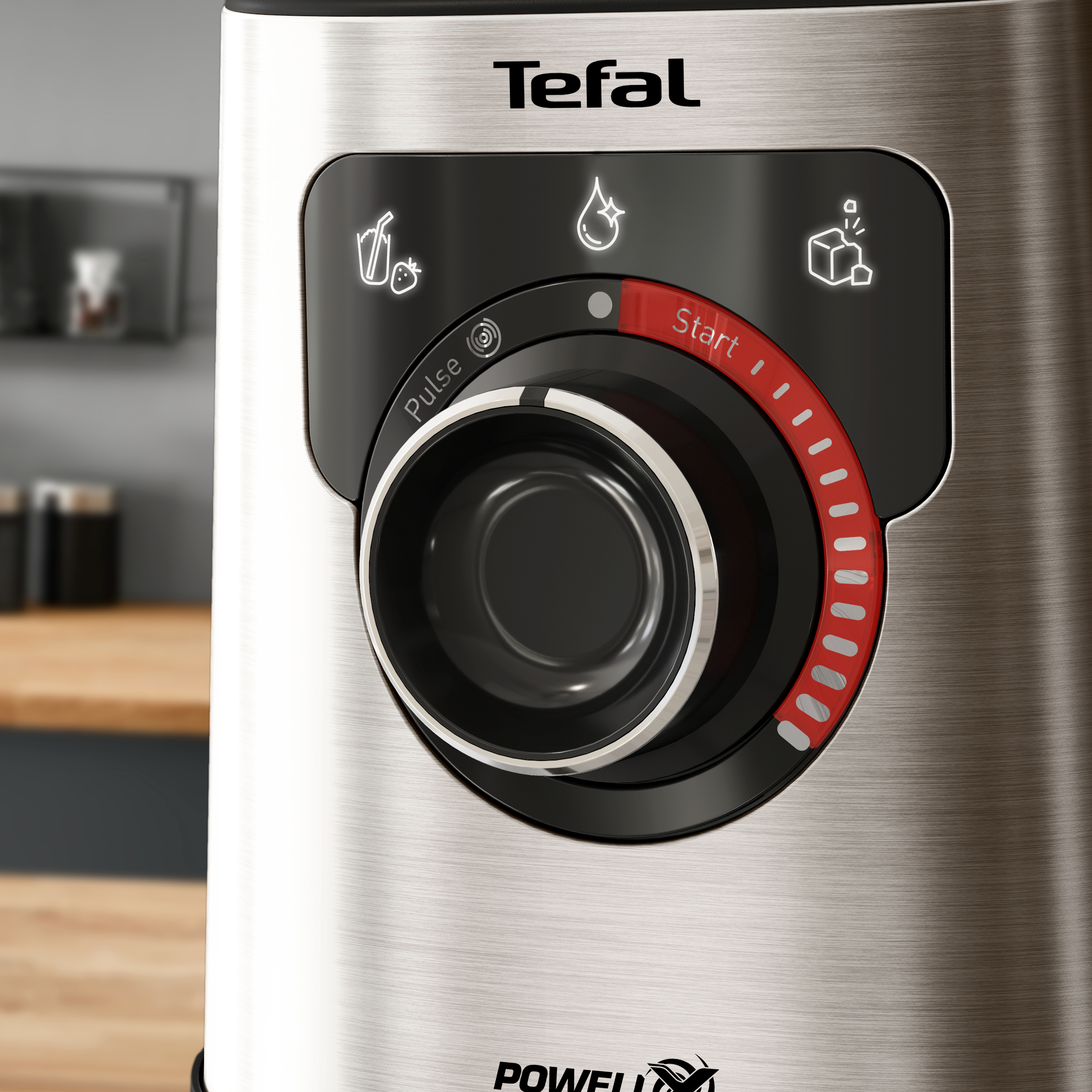 Nahaufnahme des Bedienfelds eines Tefal-Mixers mit Drehknopf und Funktionssymbolen.