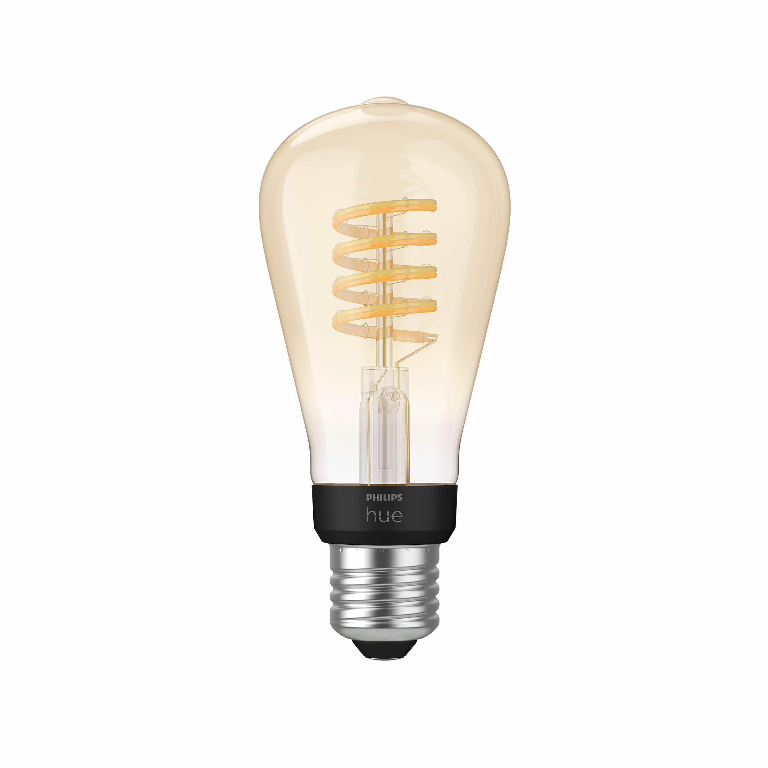 Eine Philips Hue Glühbirne mit Wendel und schwarzem Sockel.