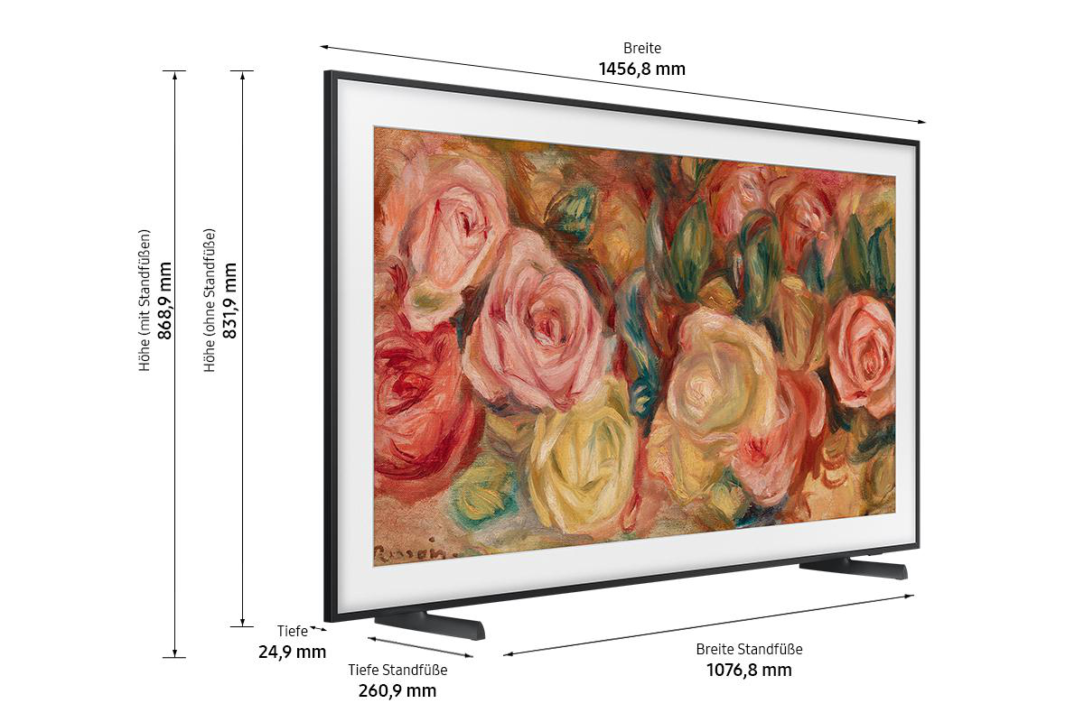 Fernseher auf einem Ständer, mit Maßangaben. Der Fernseher zeigt Blumen.