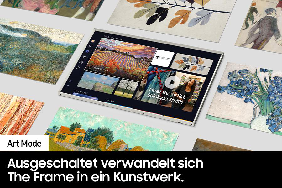 Ein Tablet zeigt Kunst. Drumherum sind verschiedene Kunstwerke, darunter Landschaften und Porträts.