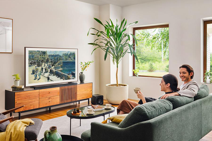 Ein Paar schaut fern im Wohnzimmer. Der Fernseher zeigt ein Gemälde. Es gibt eine Pflanze, einen Couchtisch und ein Sofa.