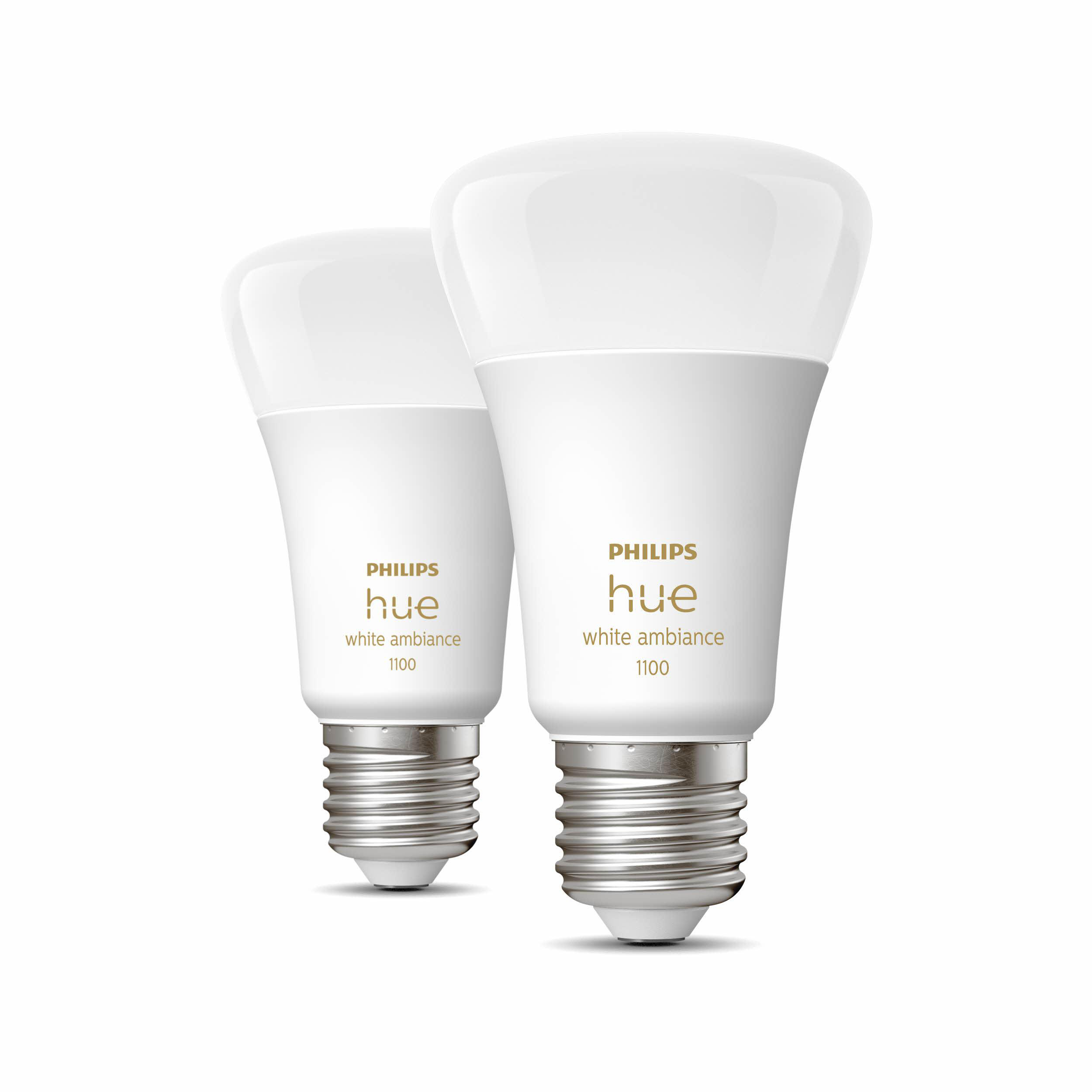 Zwei weiße Philips Hue Smart-Glühbirnen nebeneinander auf weißem Hintergrund.