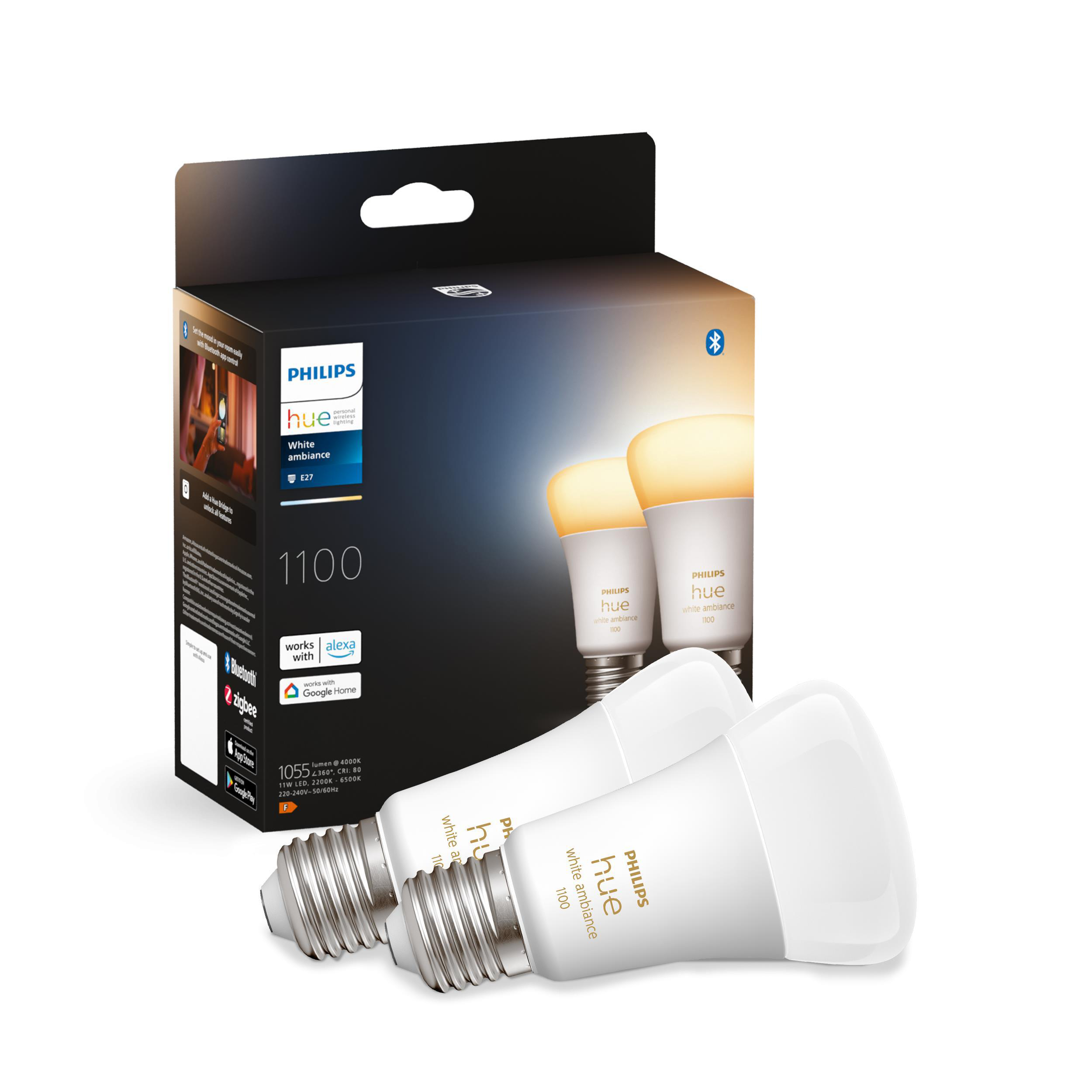 Zwei weiße Philips Hue Smart-Glühbirnen in einer Box. Die Box hat das Philips Hue Logo und Produktinformationen.