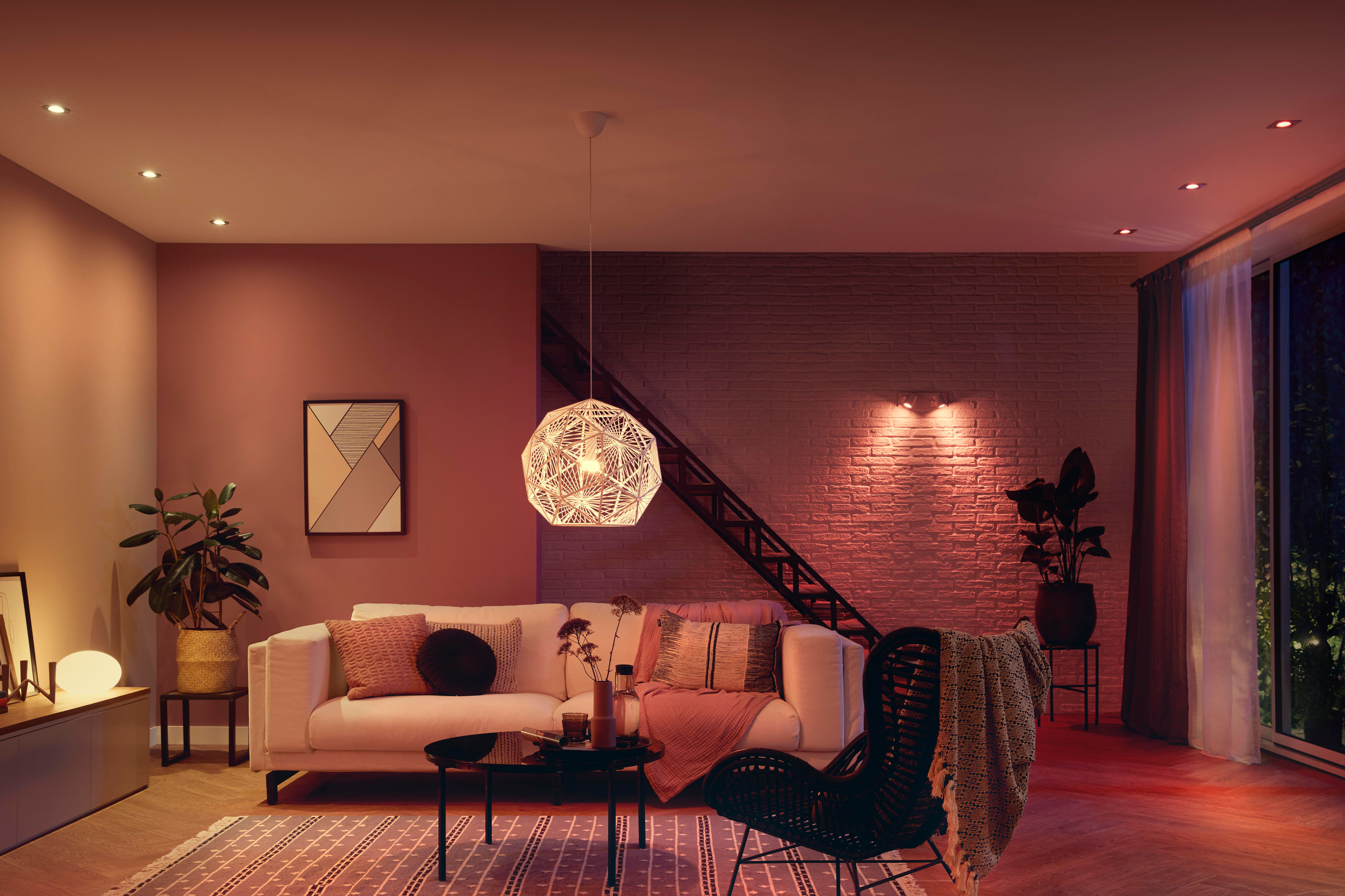 Wohnzimmer mit Lampen und Pflanzen. Weißes Sofa, schwarzer Stuhl und farbenfrohes Licht.