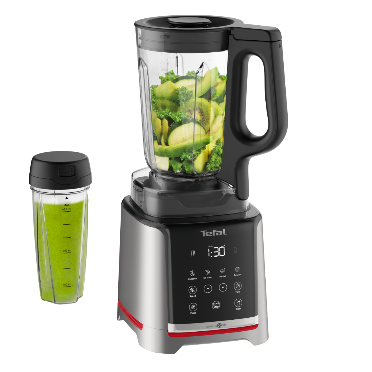 Tefal-Mixer mit Zutaten, separater Behälter mit grüner Flüssigkeit, schwarzer Hintergrund.