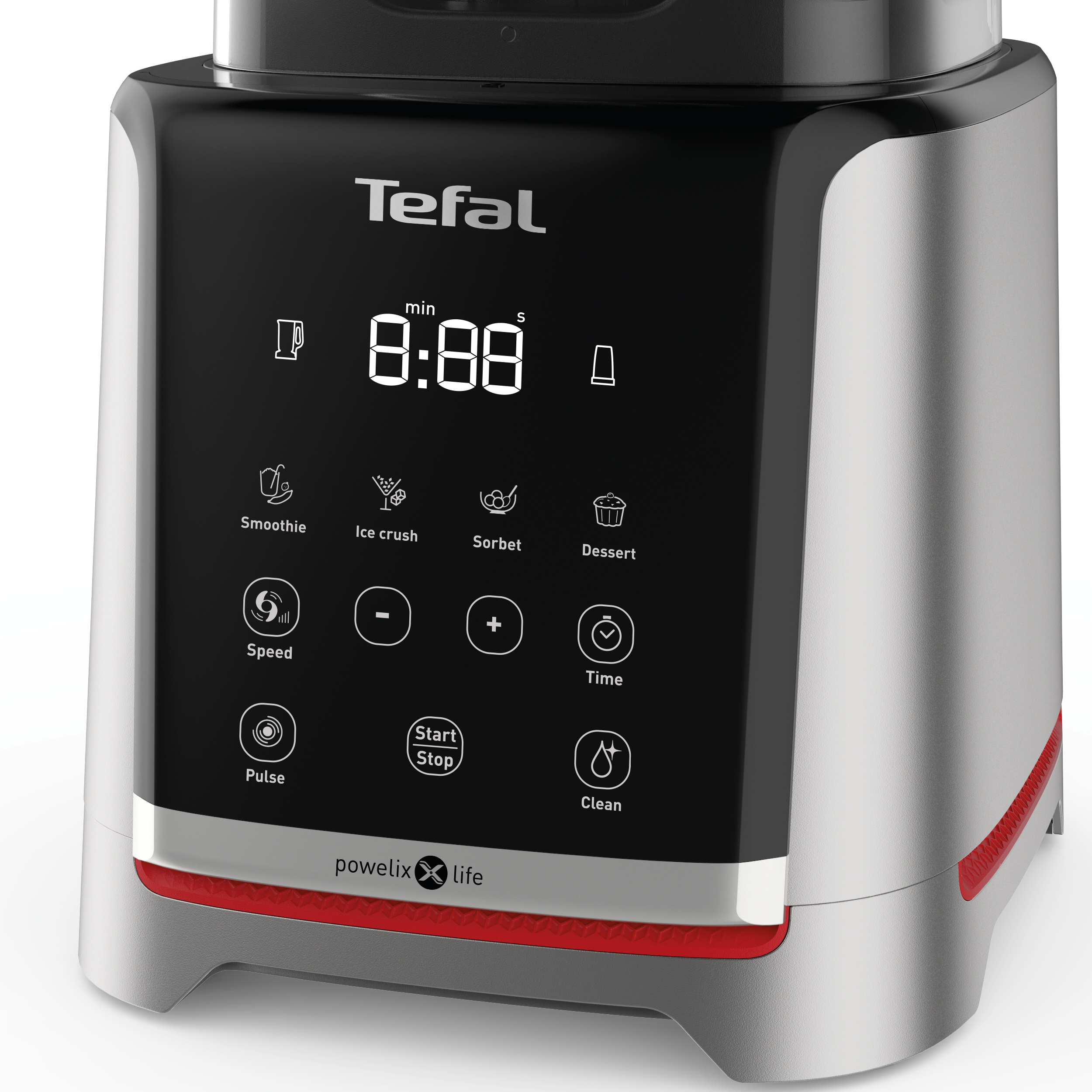 Ein Tefal-Blender mit schwarzem und silbernem Design, die Anzeige zeigt 8:88.