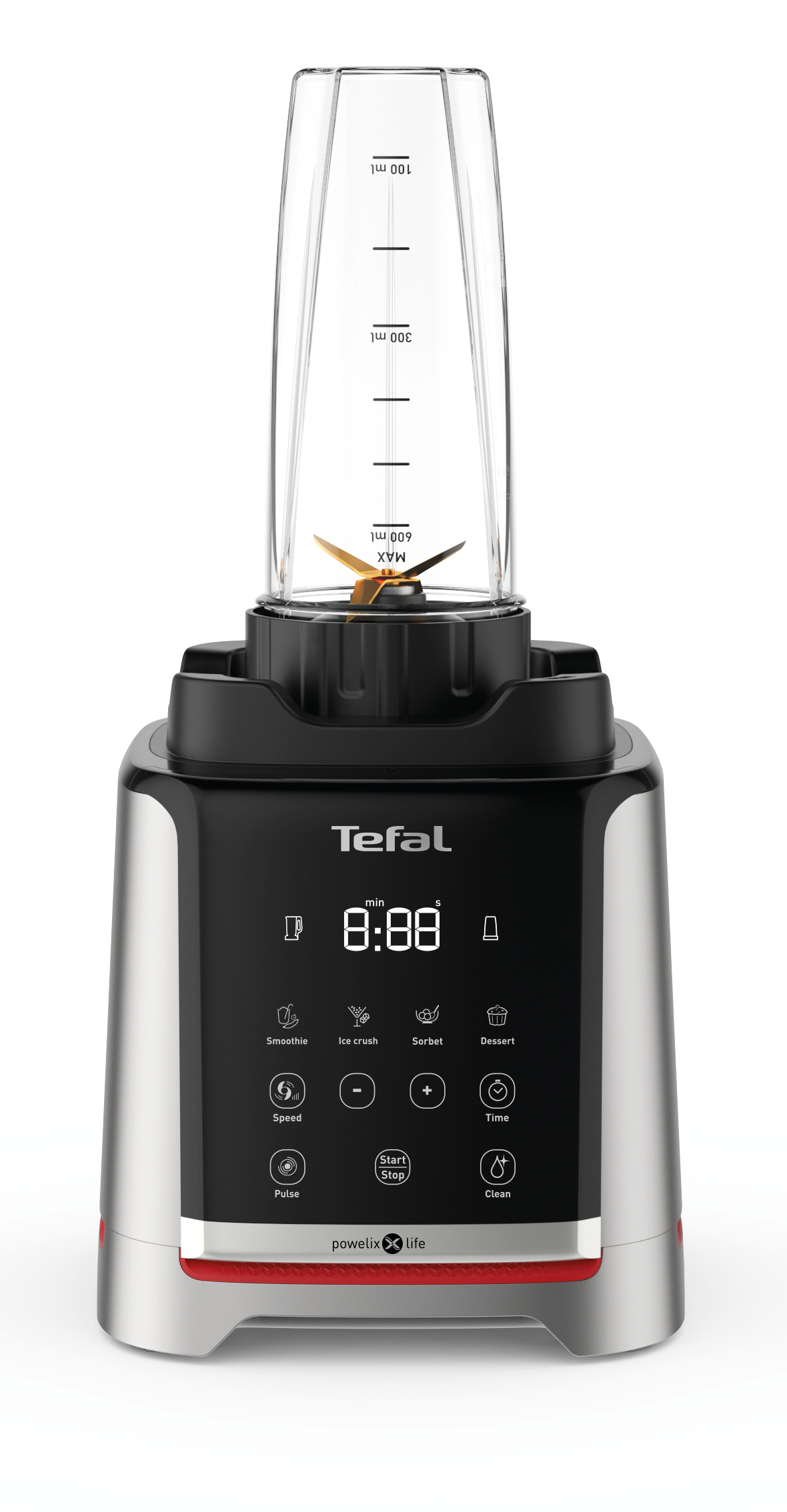Silber-schwarzer Tefal-Mixer, mit Digitalanzeige, die Zeit und Funktionssymbole zeigt, vor weißem Hintergrund.