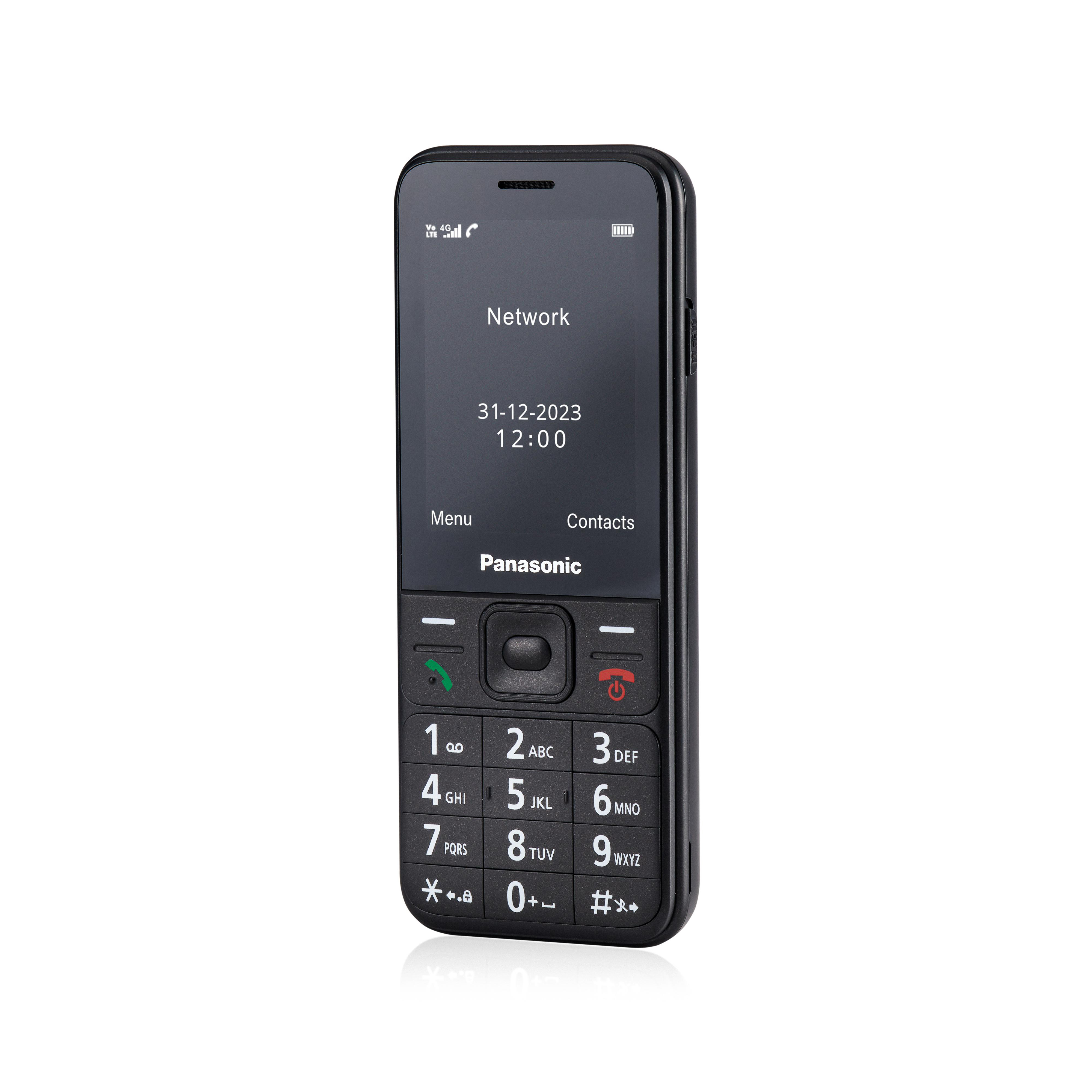 Ein schwarzes Panasonic-Telefon mit Tastatur und Display, das Datum, Uhrzeit und 'Netzwerk' anzeigt.