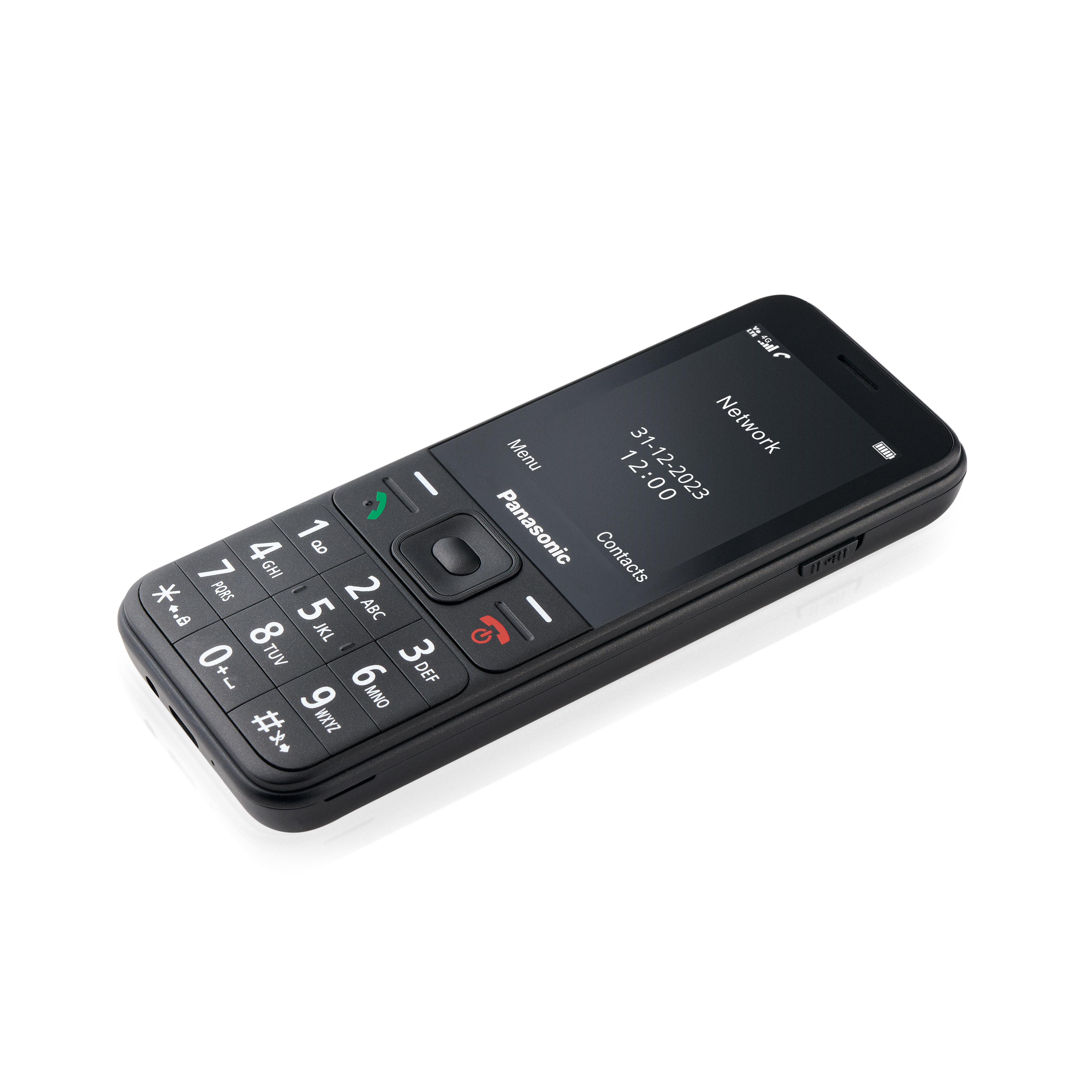 Ein schwarzes Panasonic-Telefon auf weißem Hintergrund.