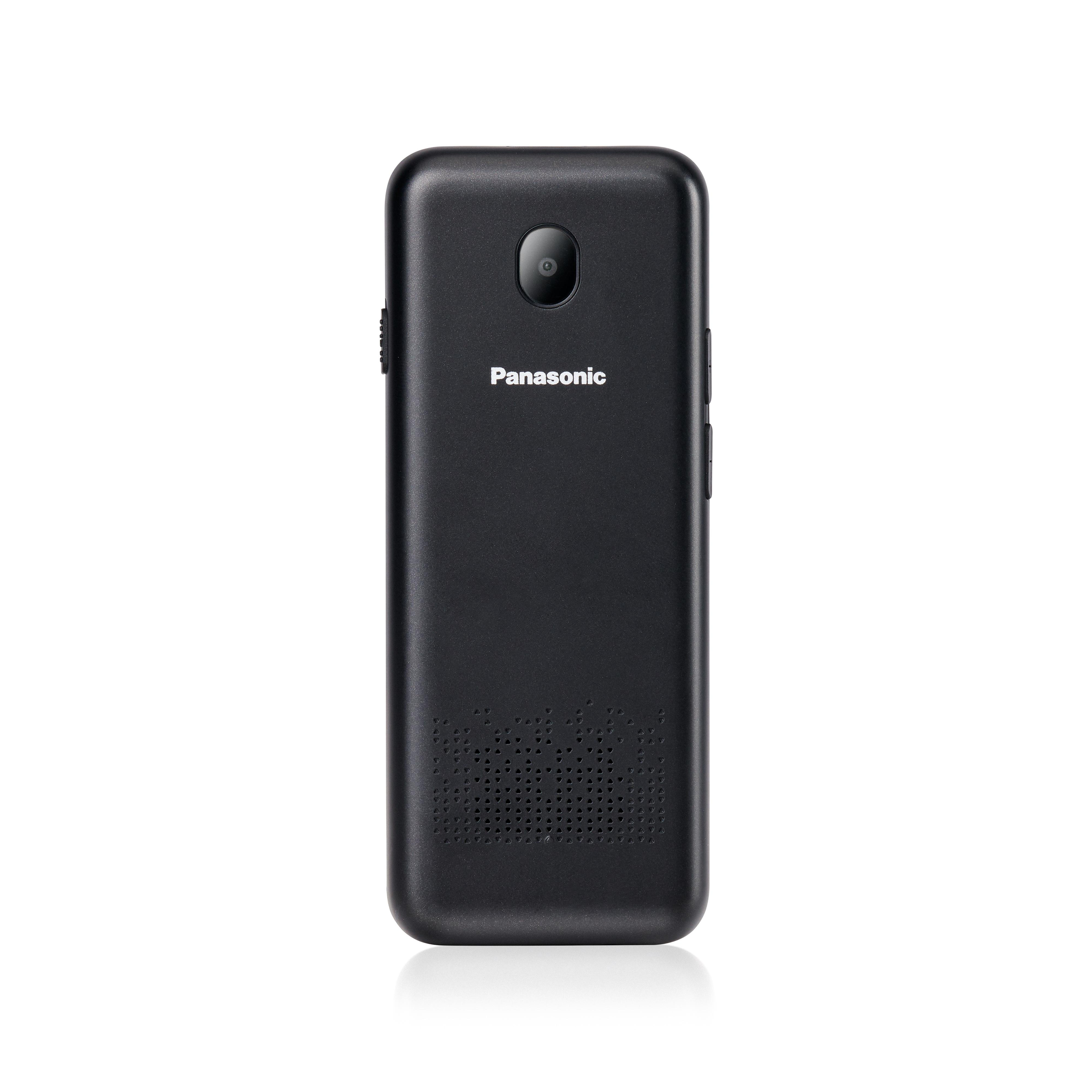 Ein schwarzes Panasonic-Telefon mit Kamera. Die Rückseite zeigt einen Lautsprecher und das Panasonic-Logo.