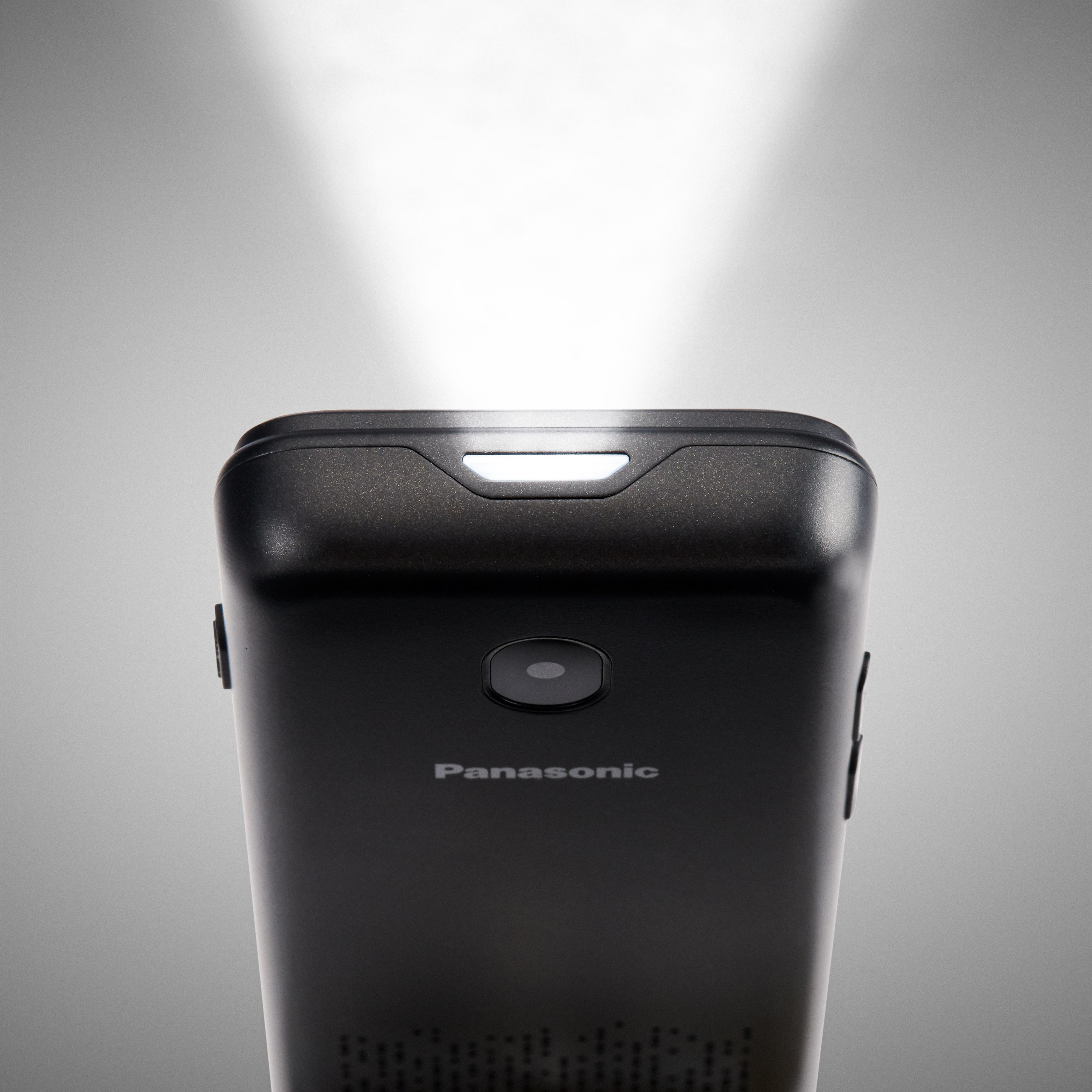 Schwarzes Panasonic-Telefon mit Licht, Kamera und Markennamen.
