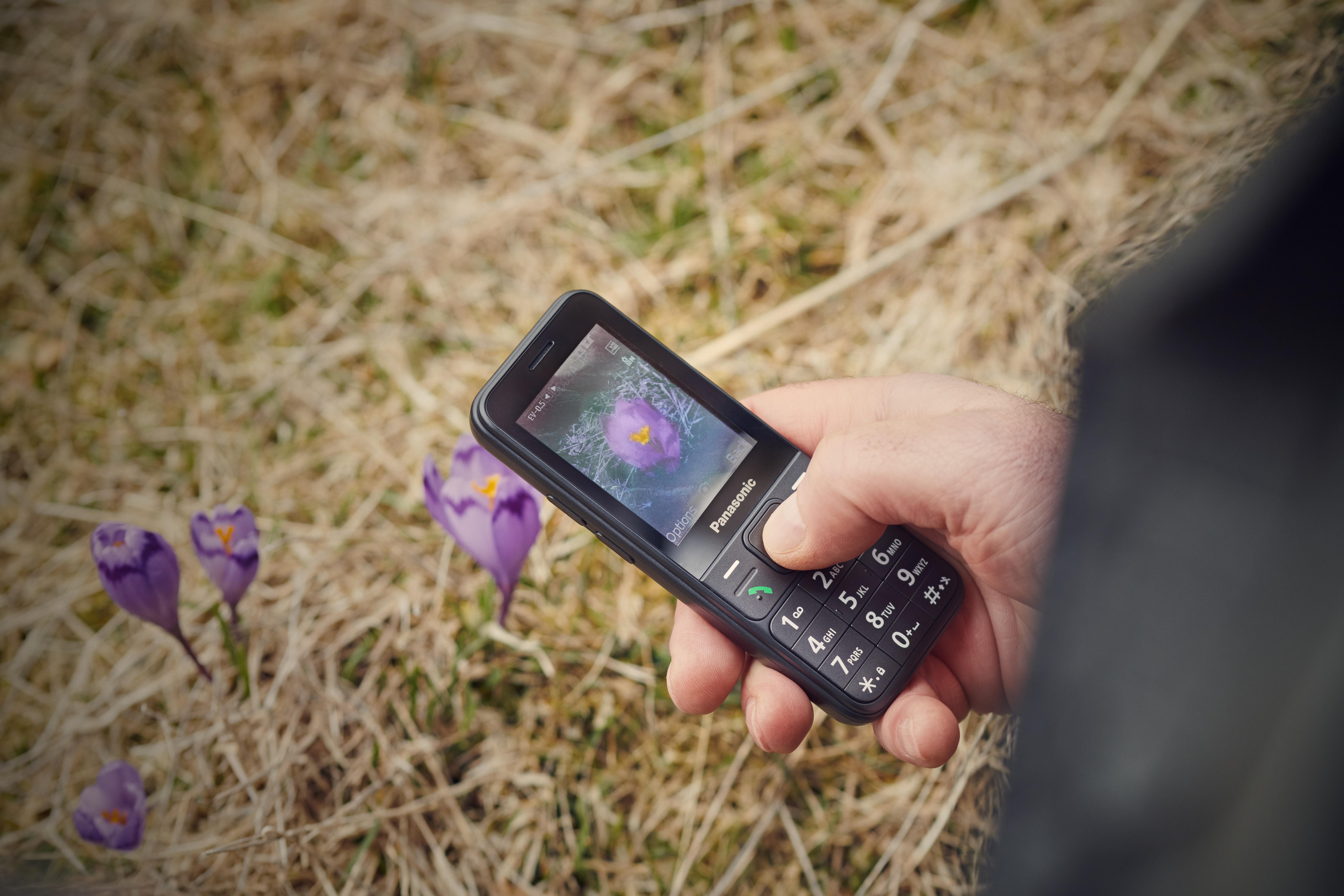 Eine Person hält ein schwarzes Panasonic-Telefon und fotografiert lila Blumen.