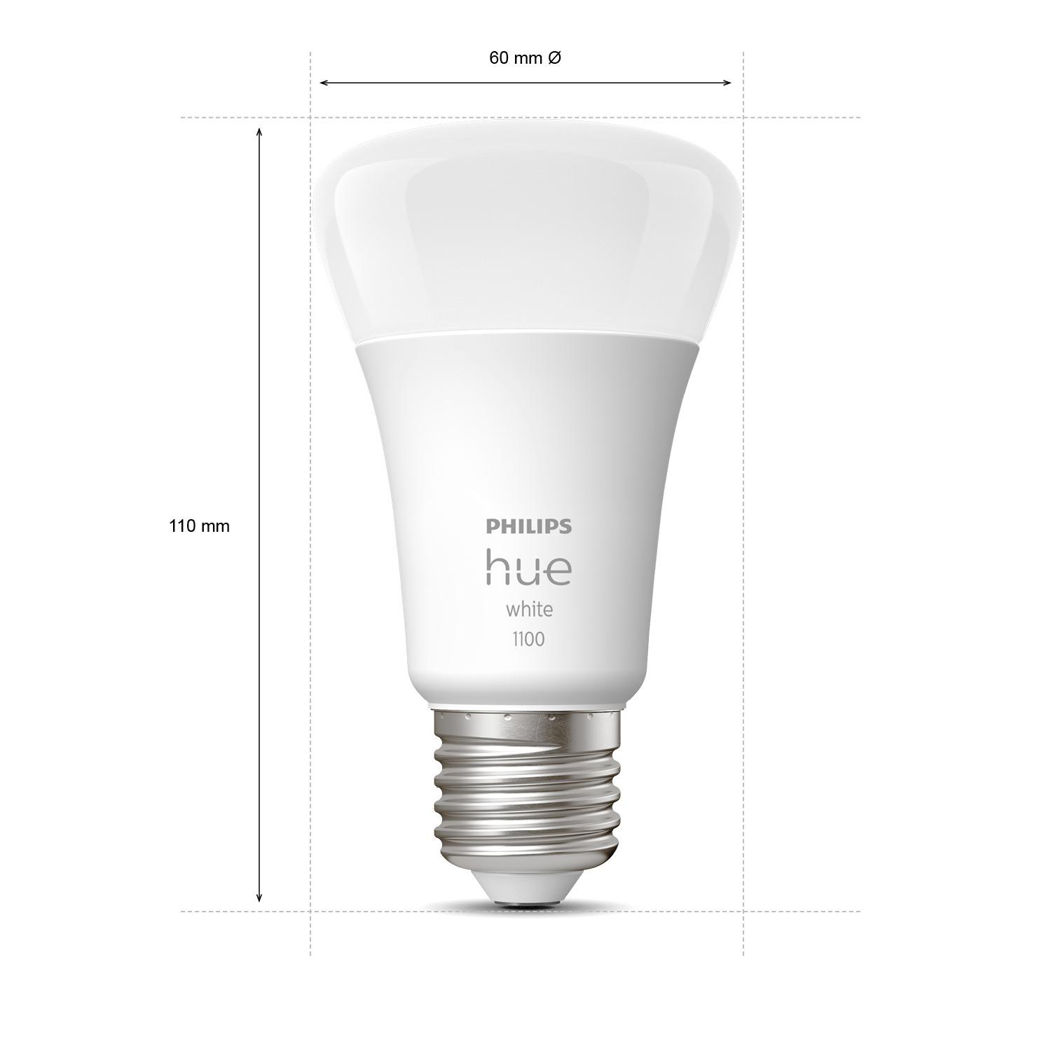 Philips Hue weiße Glühbirne. Weiße Birne mit silbernem Sockel, Abmessungen gezeigt.