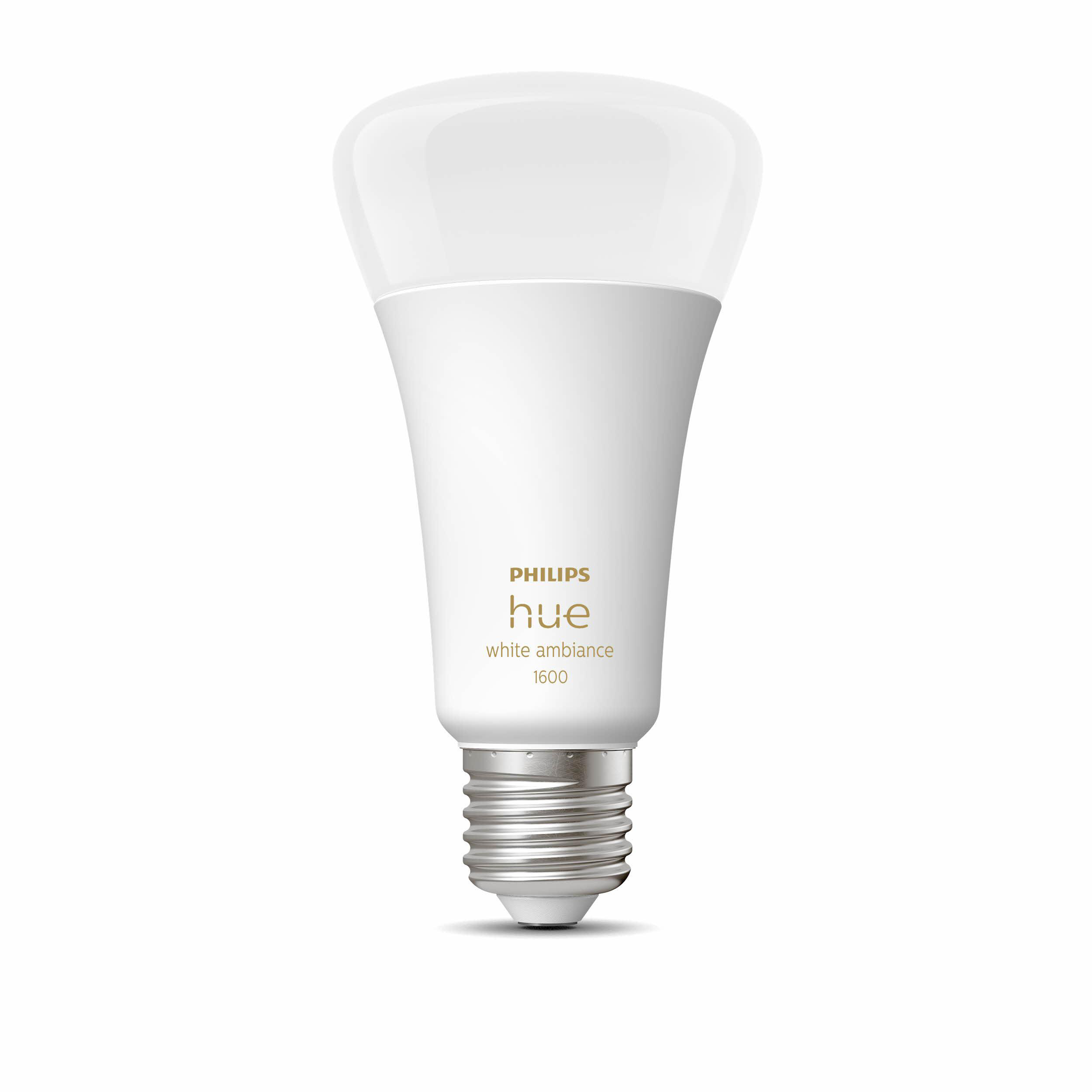 Eine weiße Philips Hue Smart-Glühbirne. Sie hat ein birnenförmiges Design. Auf weißem Grund.