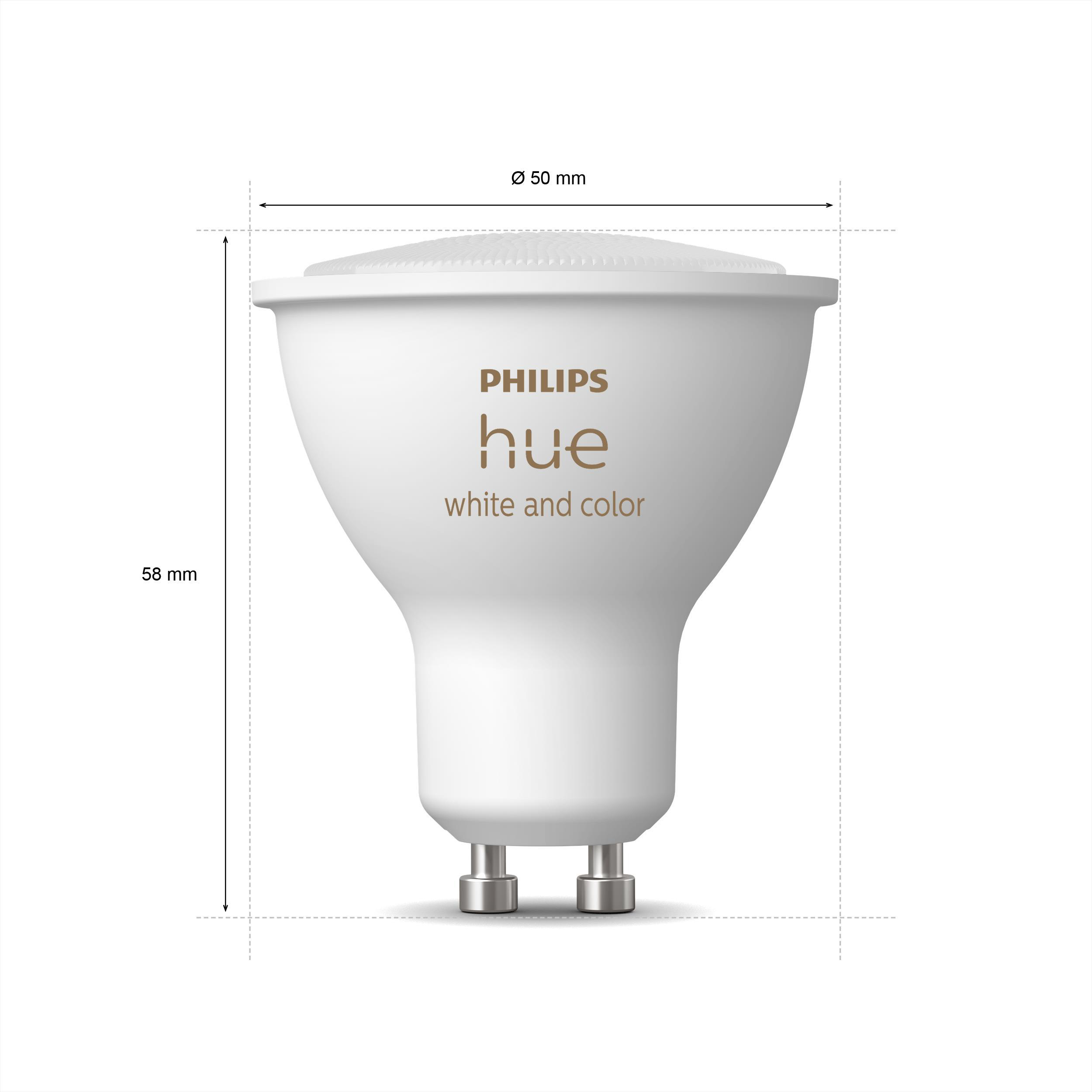 Weiße Philips Hue GU10 Smart-Glühbirne mit Abmessungen und Markendetails.
