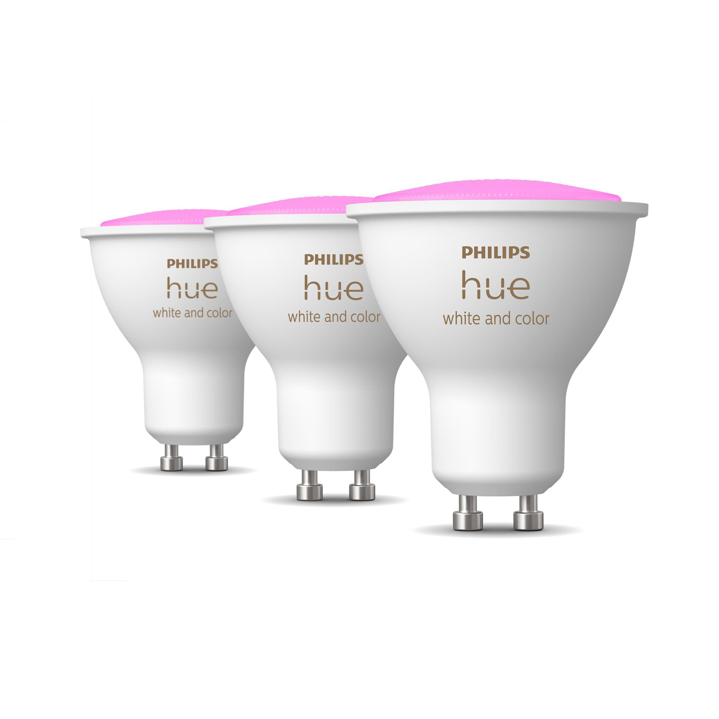 Drei Philips Hue Smart-Glühbirnen. Weiße Glühbirnen mit rosa Oberteilen.