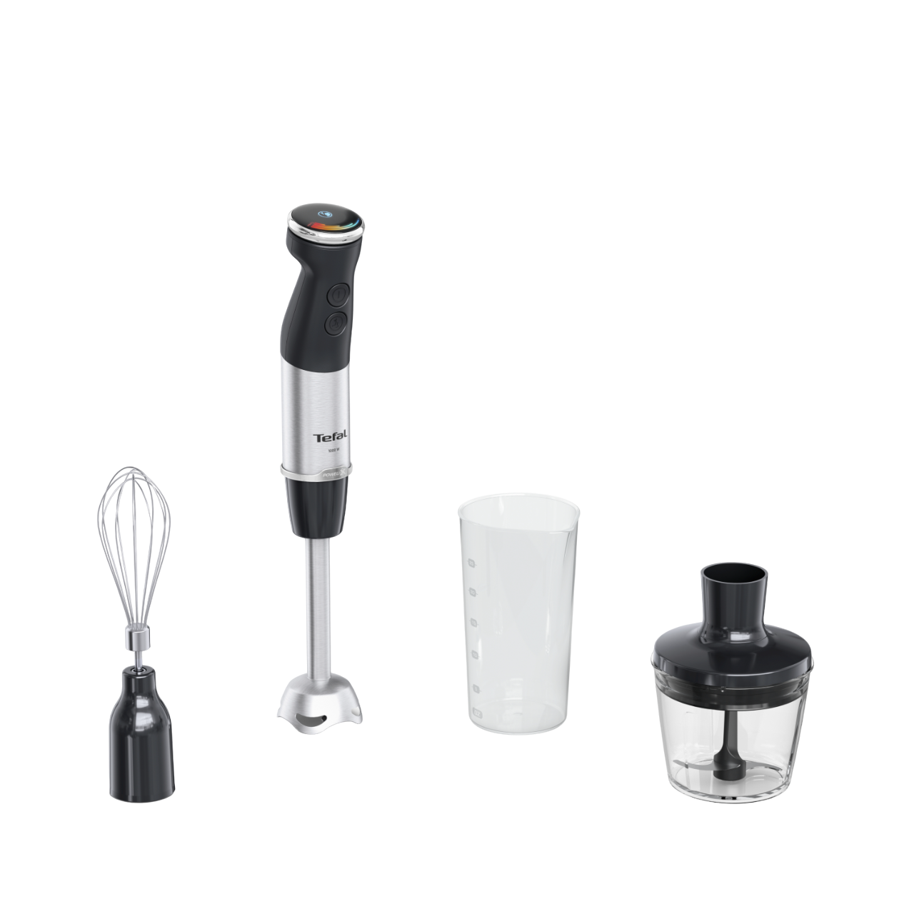 Mixer-Set mit Schneebesen, Mixer, Messbecher und Zerkleinerer, alles in Schwarz und Silber.