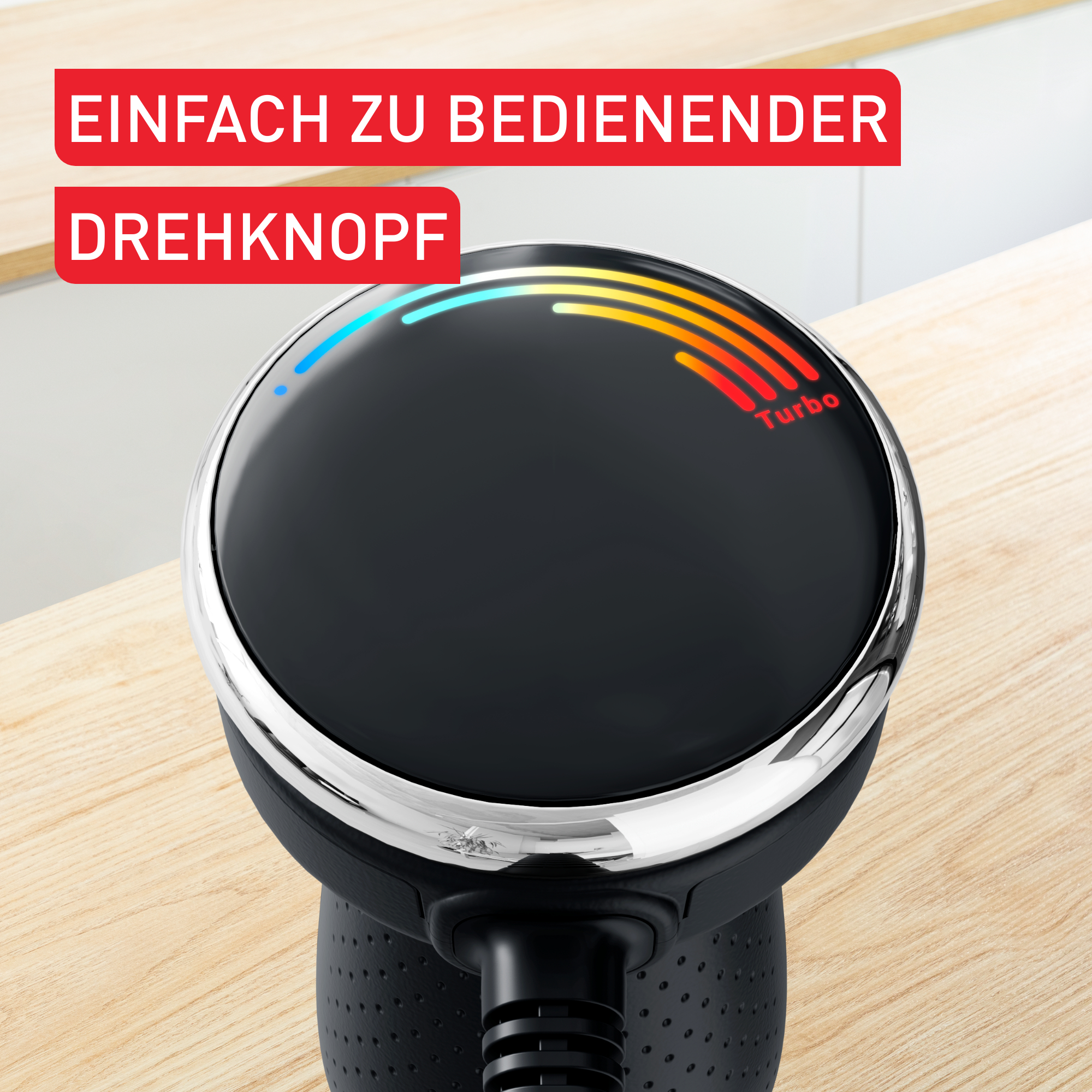Schwarzes Gerät mit glänzendem Rand, Drehknopf mit Turbo und blau-roten Lichtern.