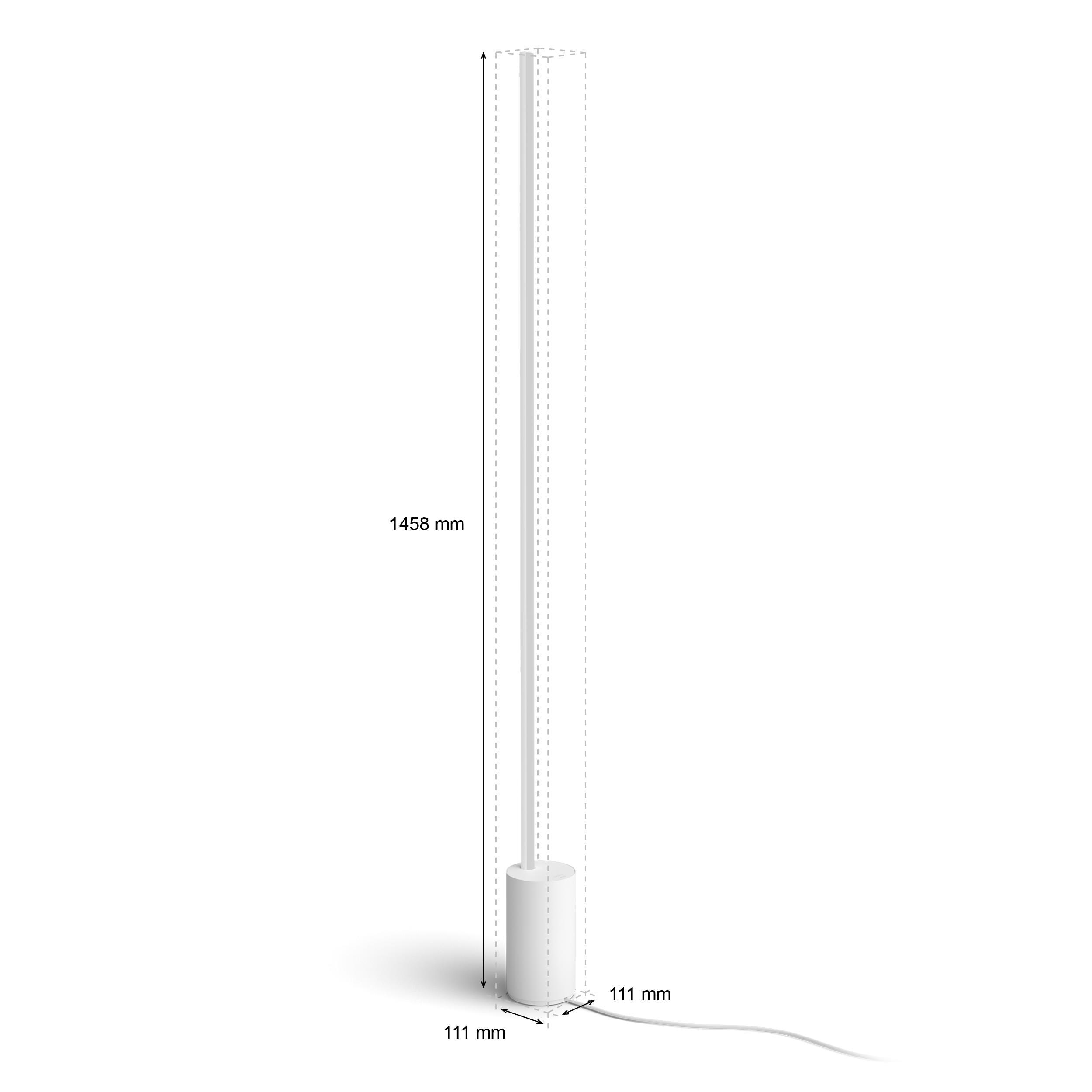 Eine hohe, weiße LED-Stehleuchte mit Abmessungen in einem Diagramm.