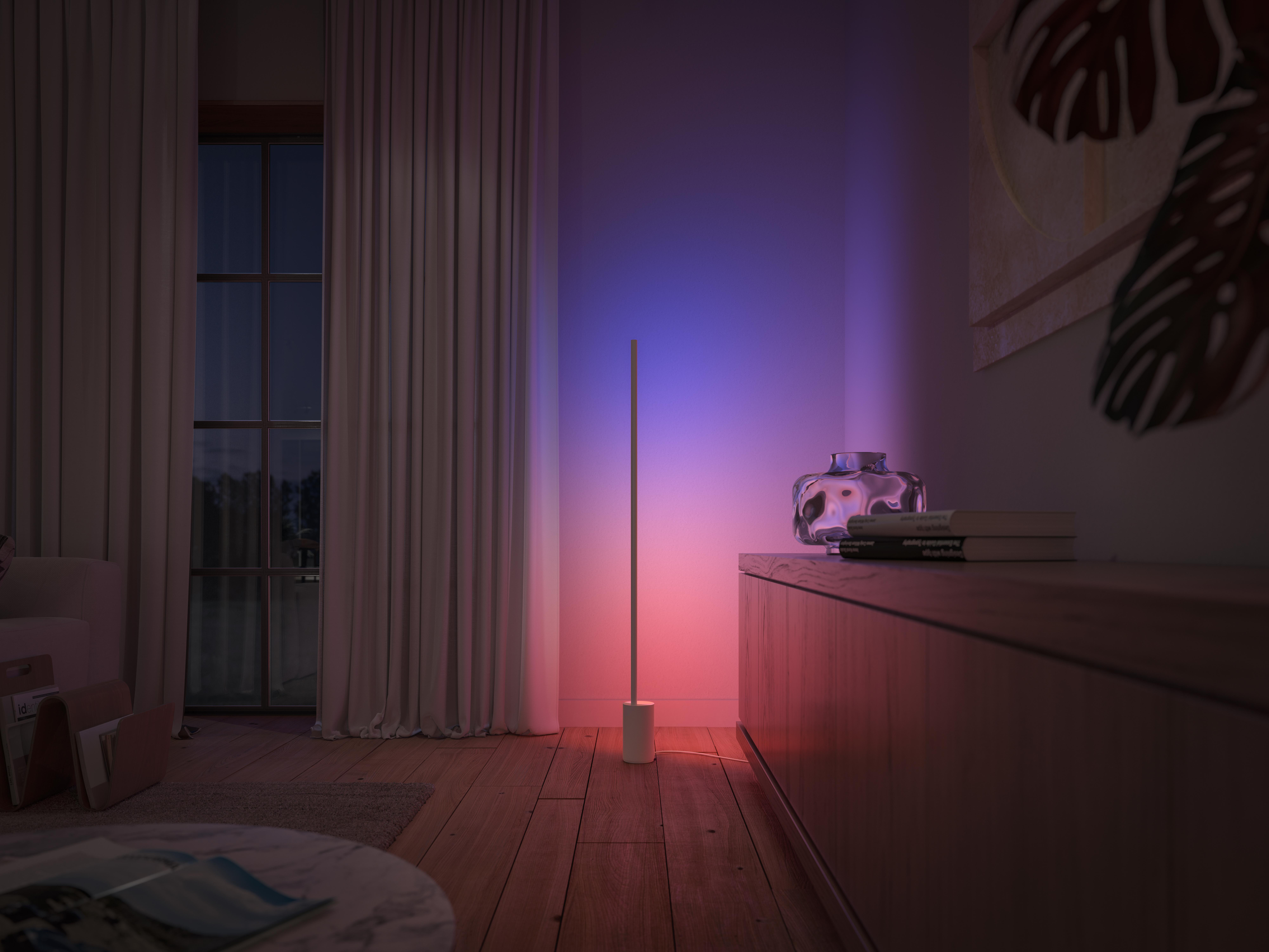 Ein modernes Interieur mit einer Stehlampe. Der Raum hat eine dunkle Nachtansicht.