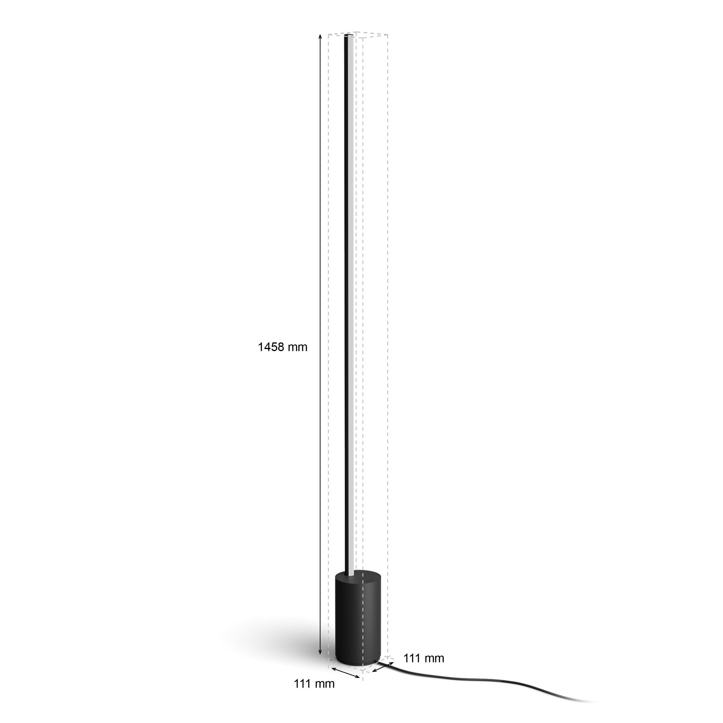 Eine schwarze, hohe, zylindrische Lampe mit Maßen, auf weißem Hintergrund.