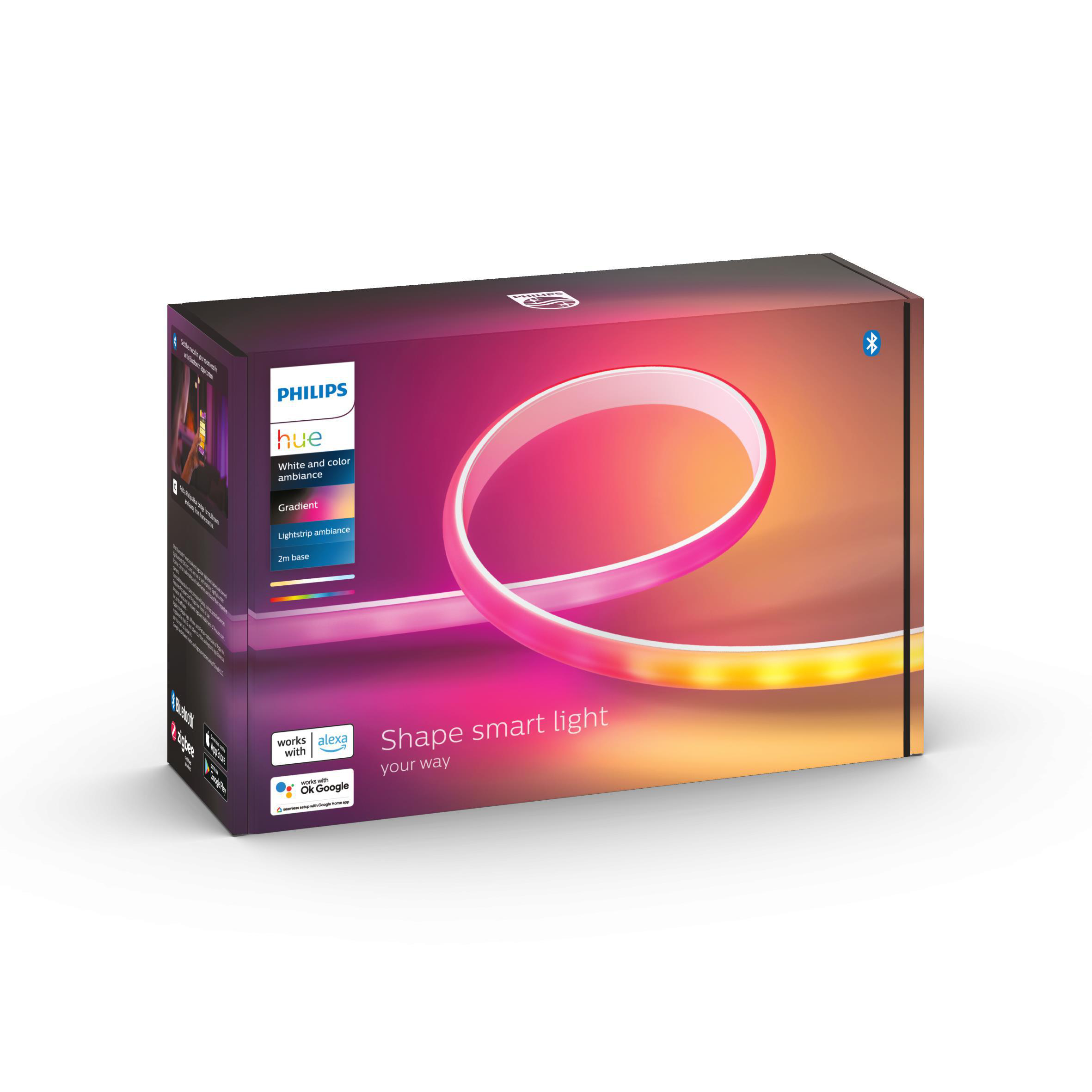 Philips Hue Lightstrip-Box mit einem geschwungenen Lichtbild, das das Produkt vor weißem Hintergrund zeigt.