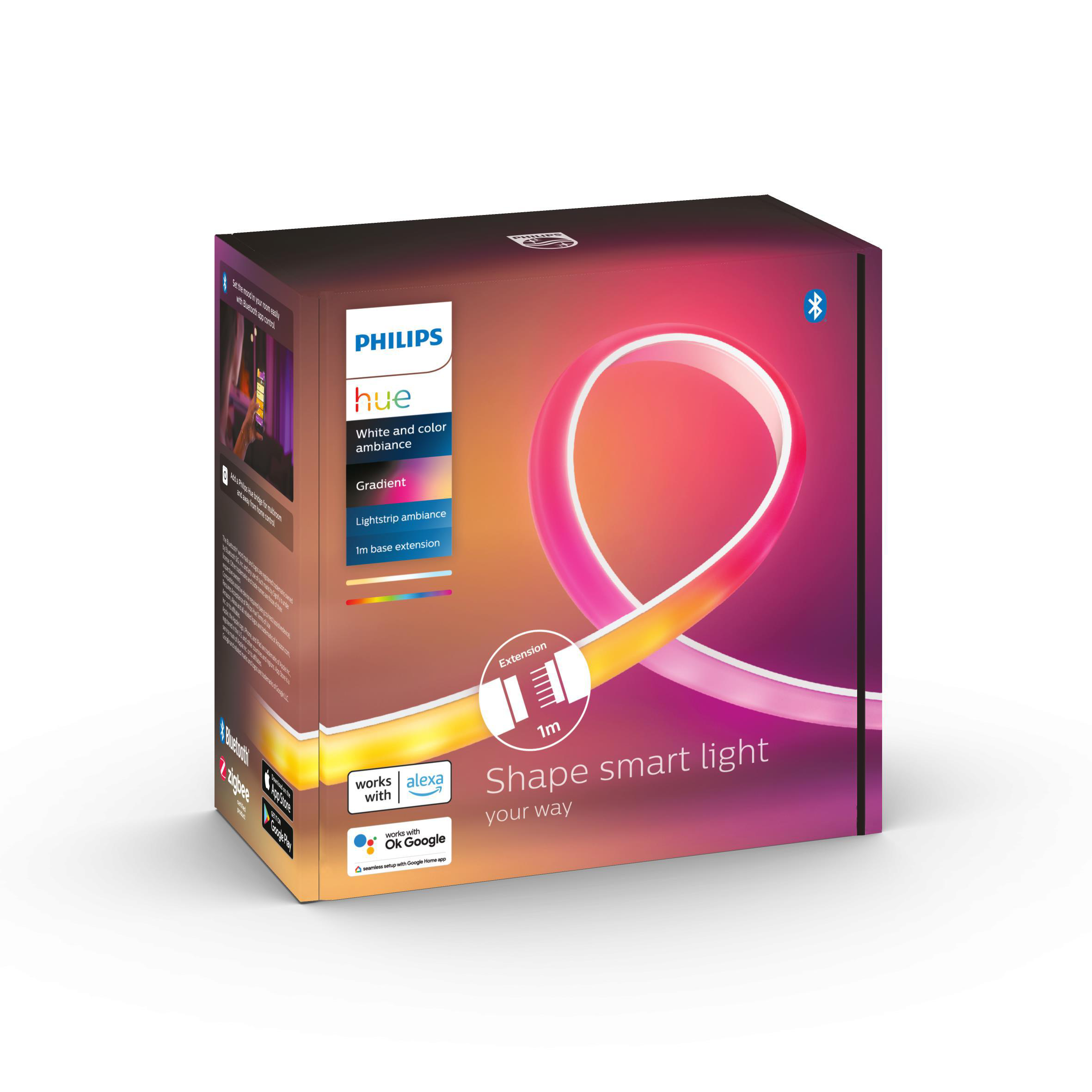 Produktbox mit einem Farbverlauf-Lichtband. Text: Gestalten Sie intelligentes Licht nach Ihren Wünschen. Philips Hue Logo.
