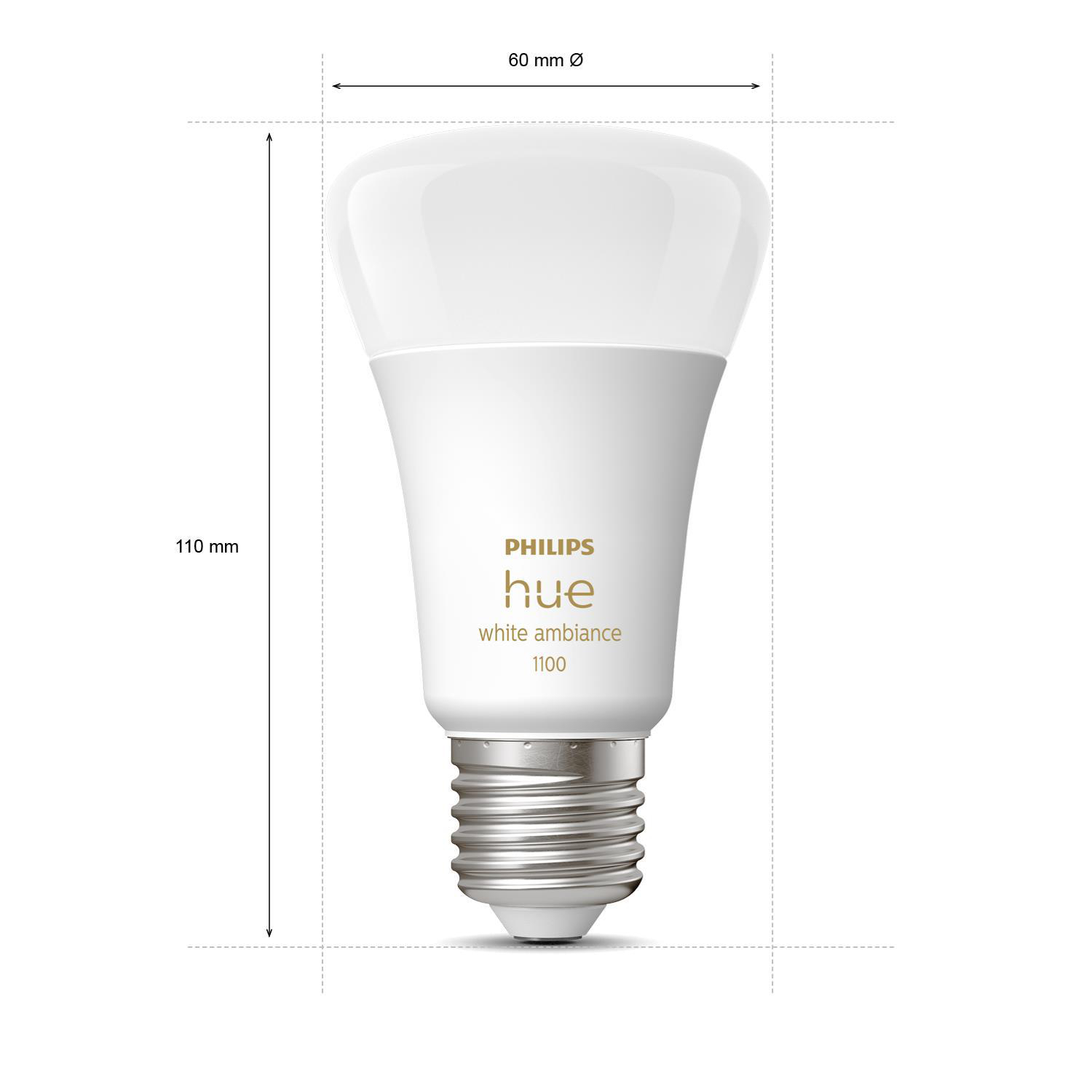 Weiße Philips Hue Glühbirne mit Maßangaben. Sie ist 110 mm hoch und hat einen Durchmesser von 60 mm.