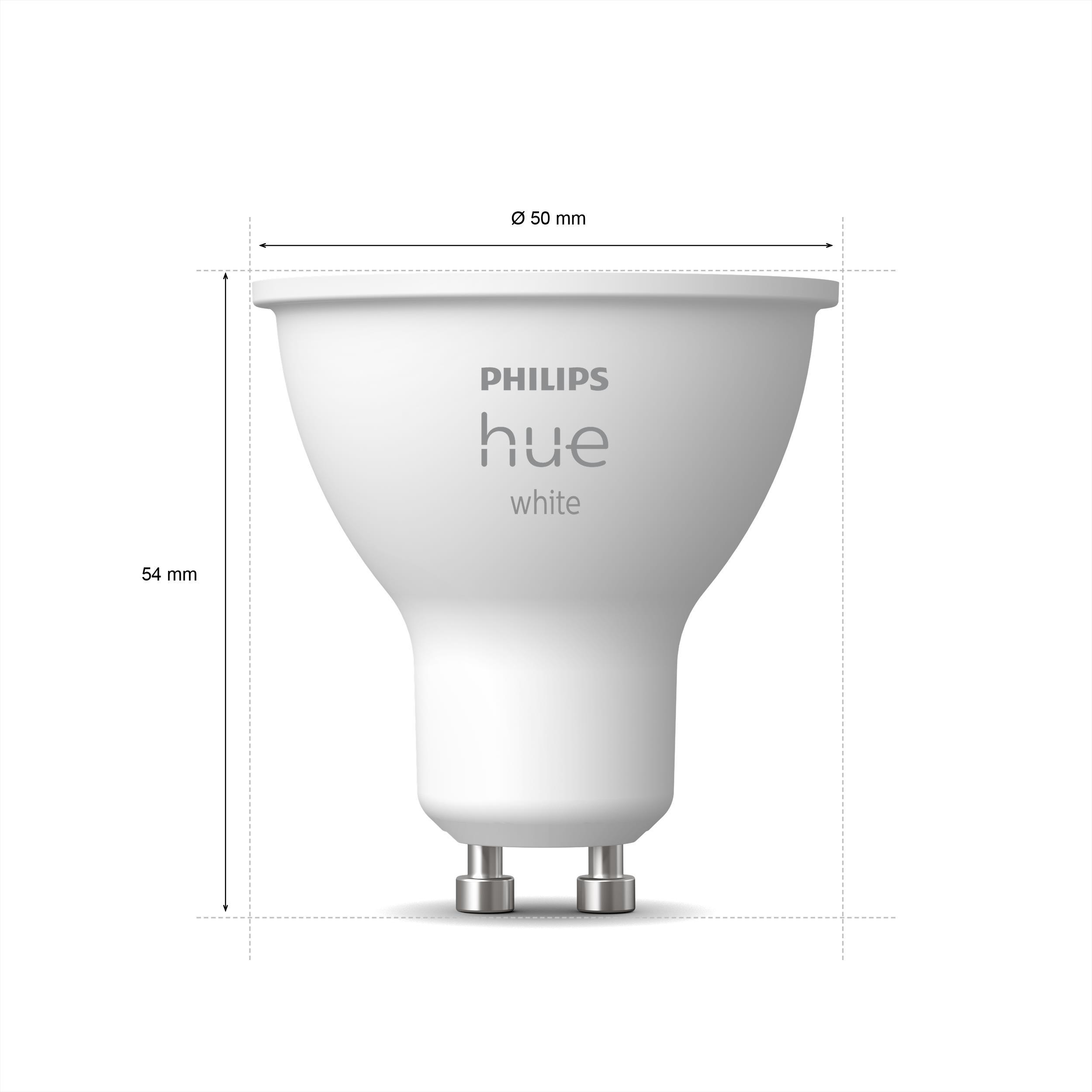 Weiße Philips Hue Glühbirne. Abmessungen: 54mm x 50mm.