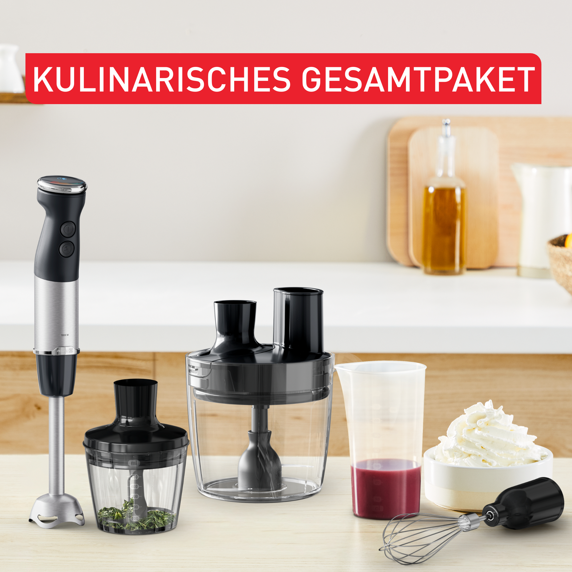 Eine Sammlung von Küchengeräten wird mit einem Text oben angezeigt.