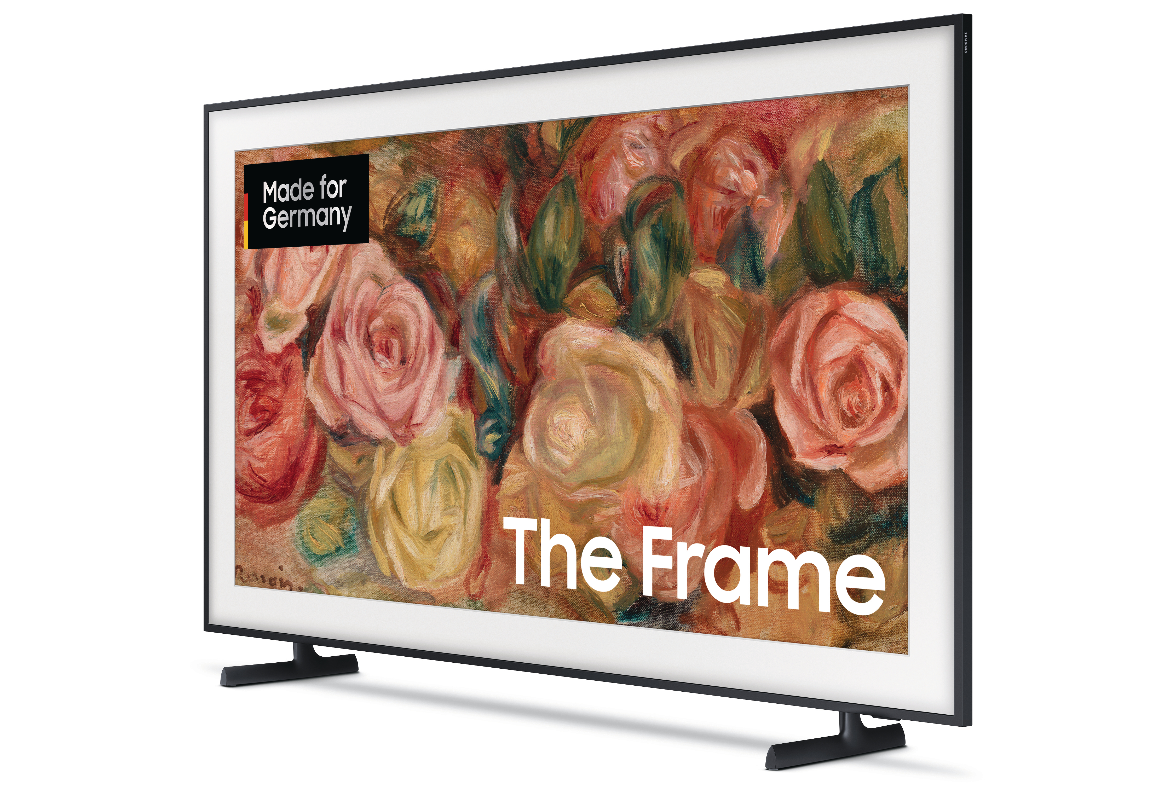 Ein schwarz gerahmter Fernseher, der ein Blumenbild mit dem Text „The Frame“ zeigt. Made for Germany-Etikett.