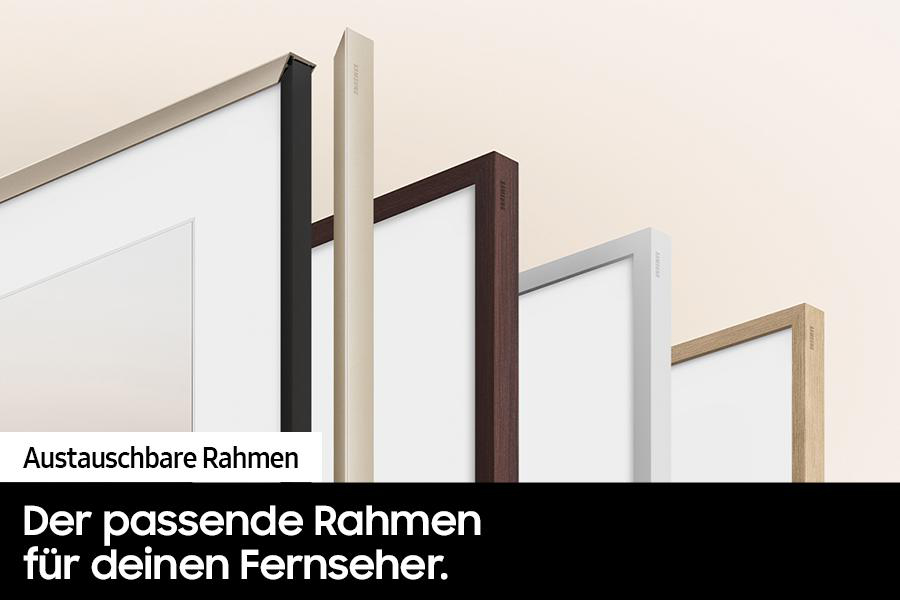 Nahaufnahme von vier Bilderrahmen mit verschiedenen Rahmenfarben. Text: 'Austauschbare Rahmen'.