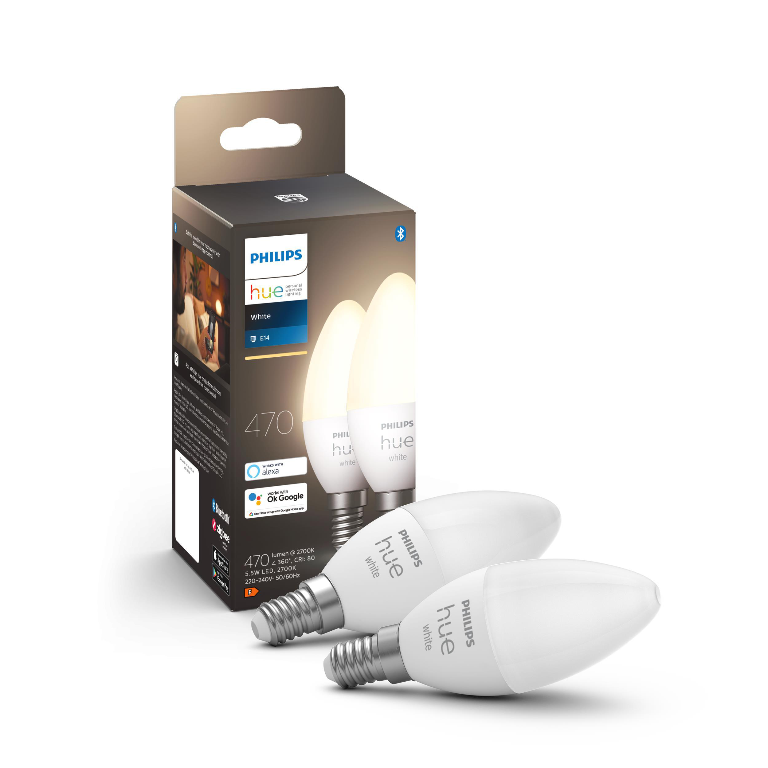 Eine Schachtel mit Philips Hue Smart-Glühbirnen mit zwei Glühbirnen davor.