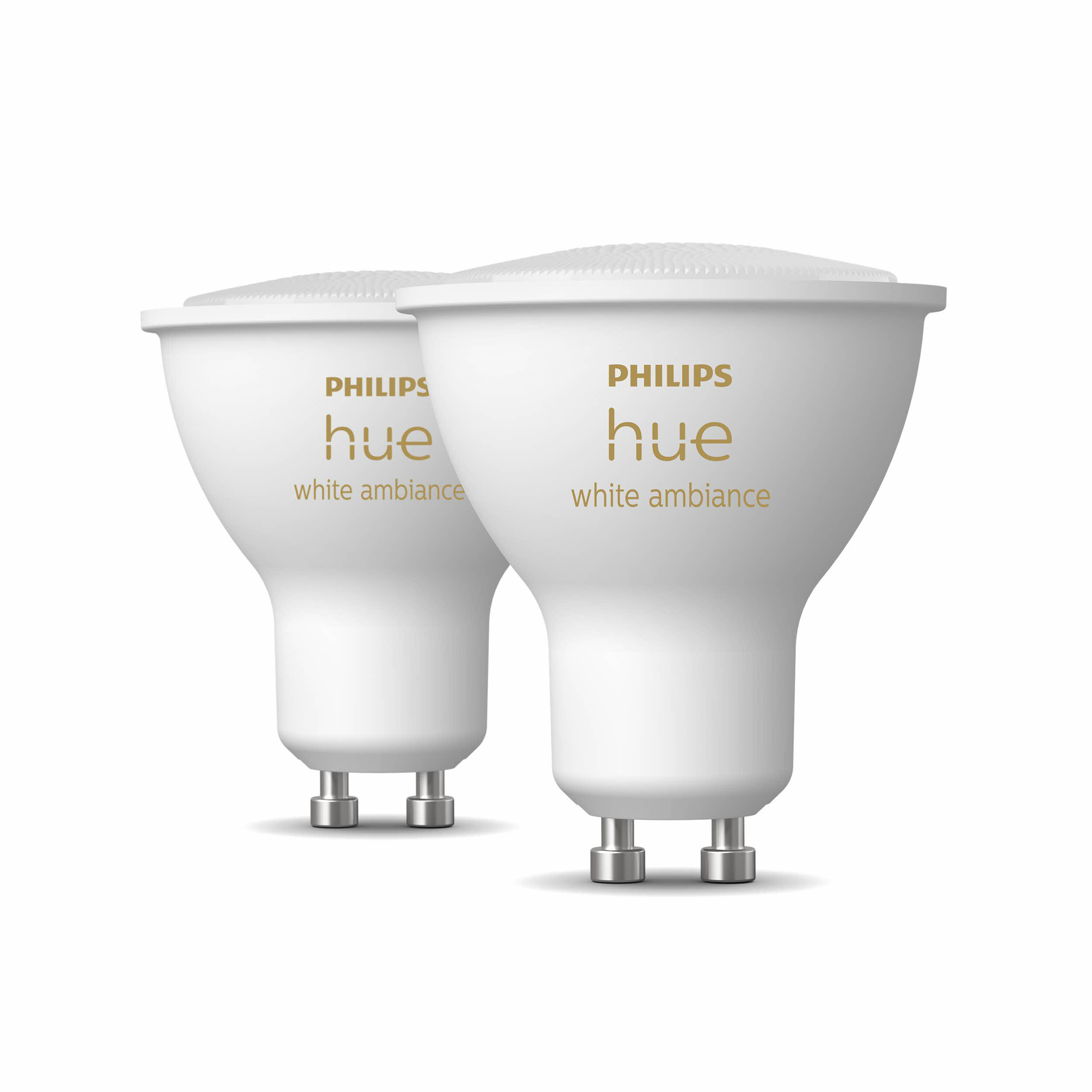 Zwei weiße Philips Hue Smart-Glühbirnen, leicht angewinkelt, vor weißem Hintergrund.