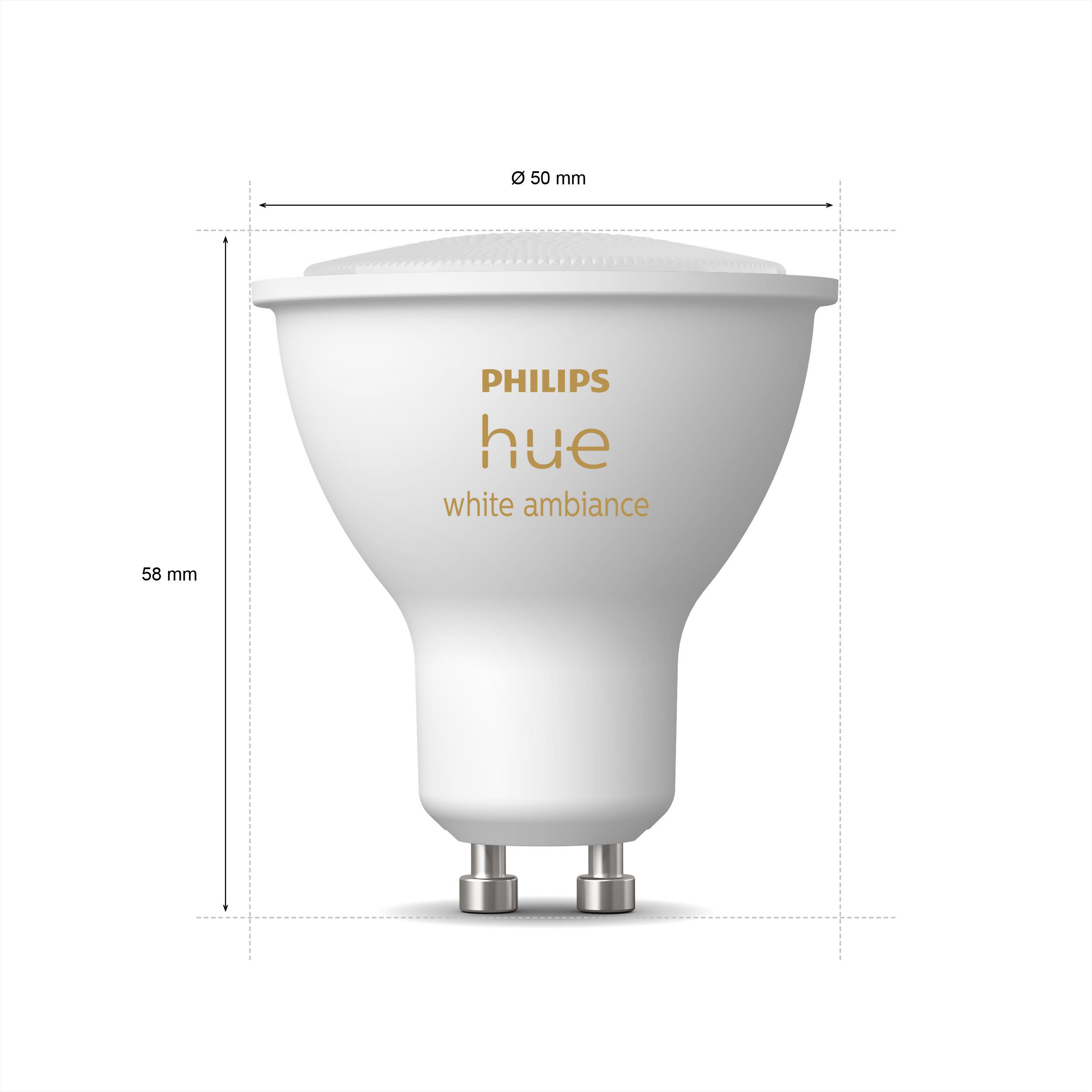Ein weißer Philips Hue-Spotlight mit angezeigten Abmessungen auf weißem Hintergrund.