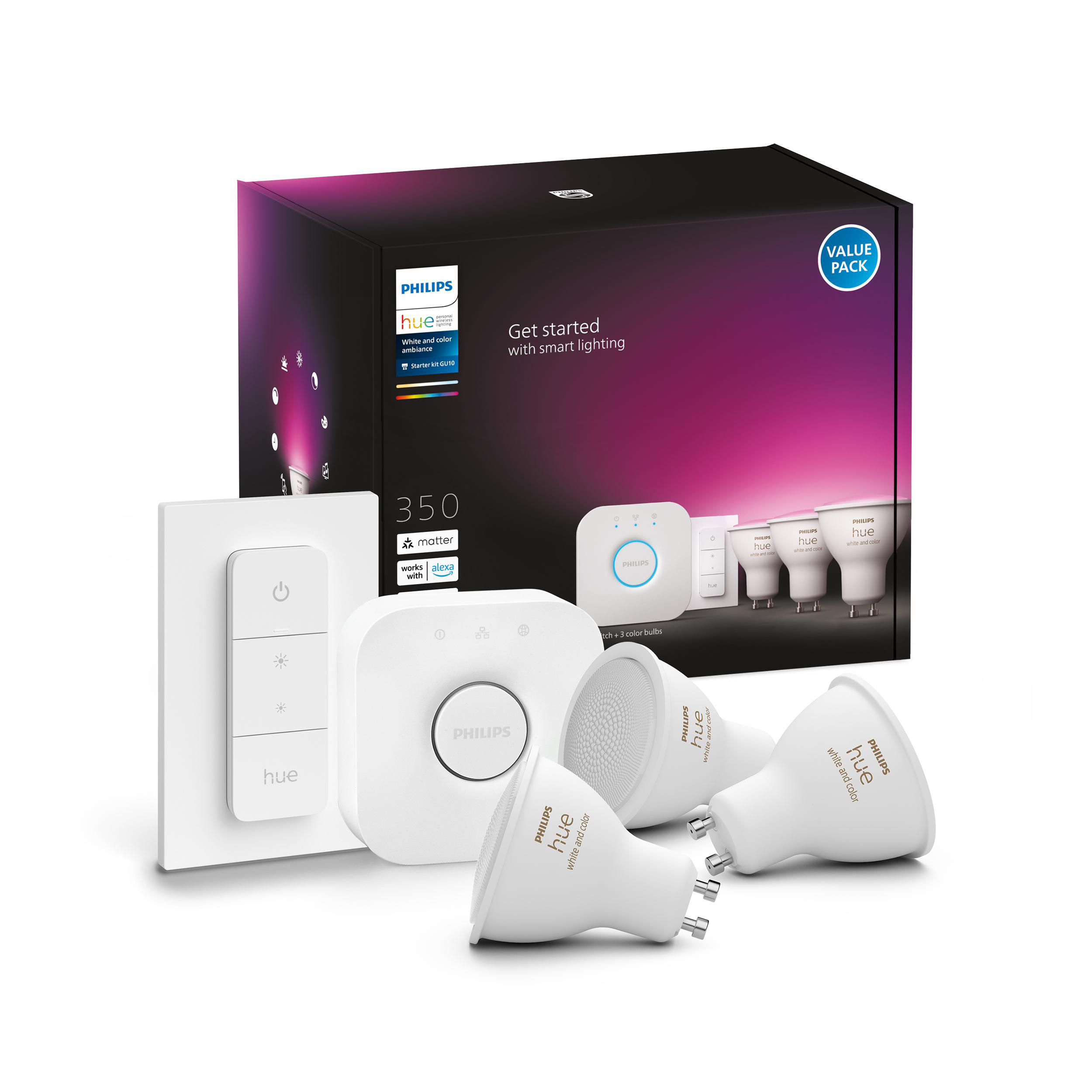 Ein Philips Hue Smart-Lighting-Kit mit Glühbirnen, einem Hub, einem Schalter und Verpackung.