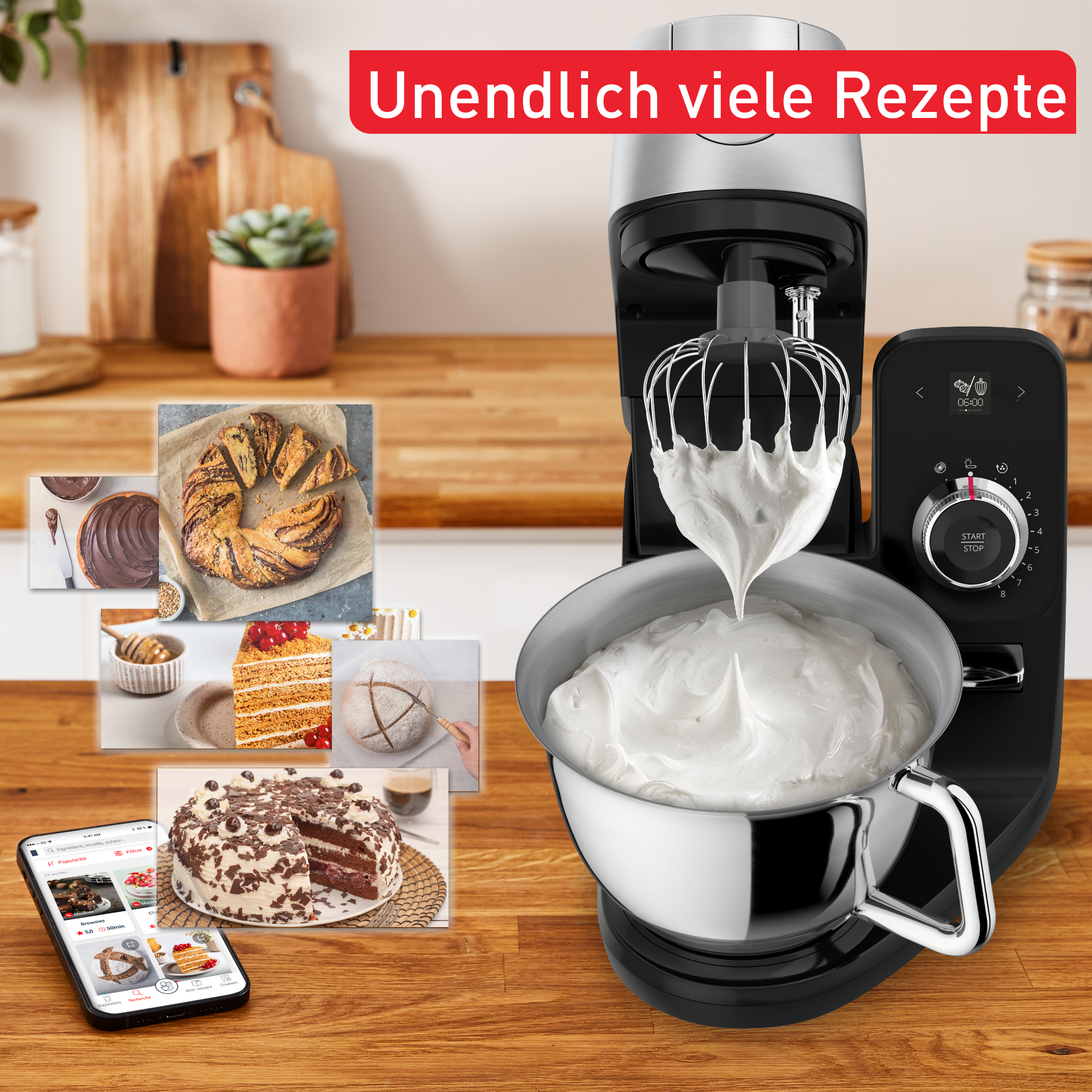Küchenroboter mit einer Schüssel Schlagsahne und Rezeptbildern. Ein Handy ist sichtbar.