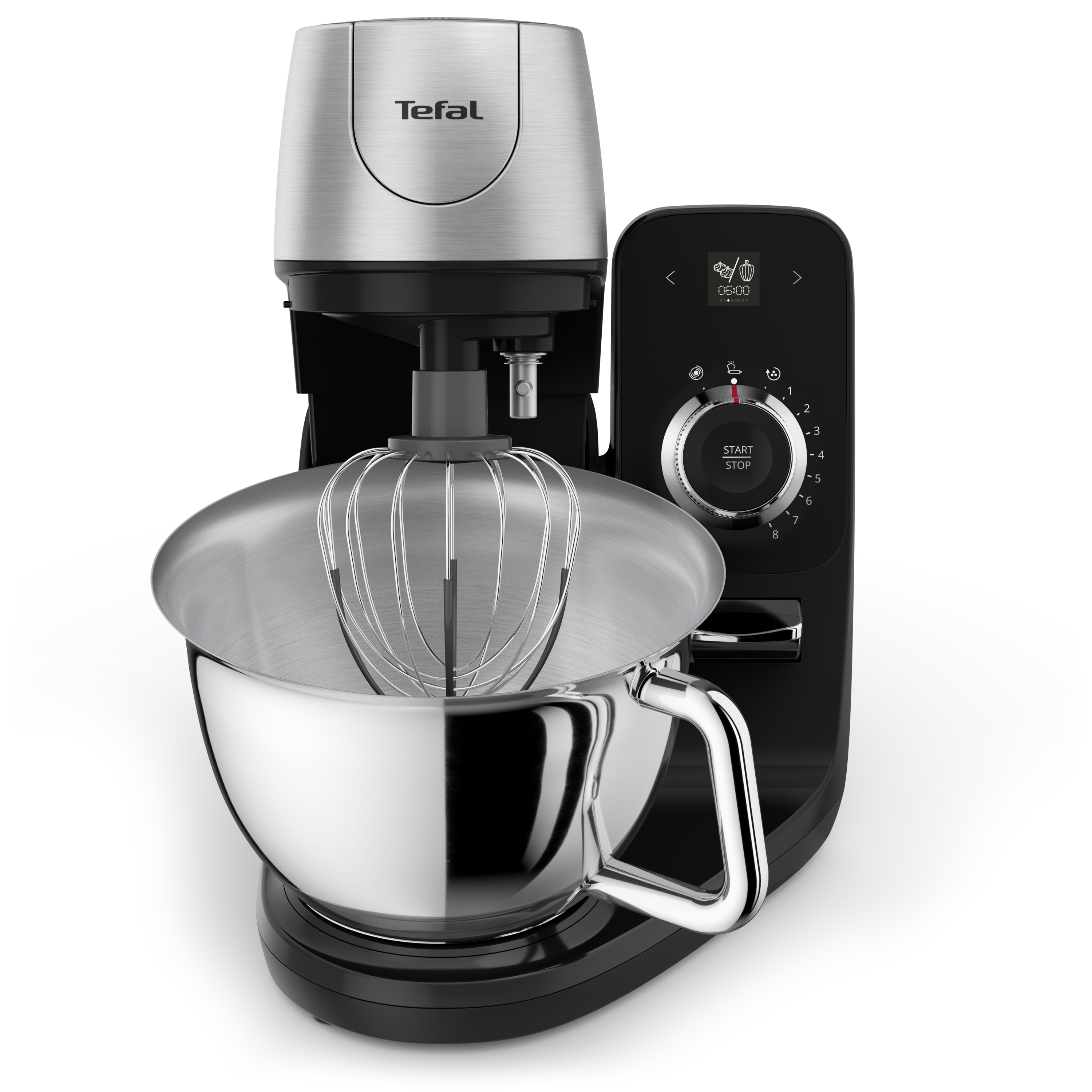 Ein Küchenmixer mit Edelstahlschüssel und Aufsätzen auf weißem Hintergrund.