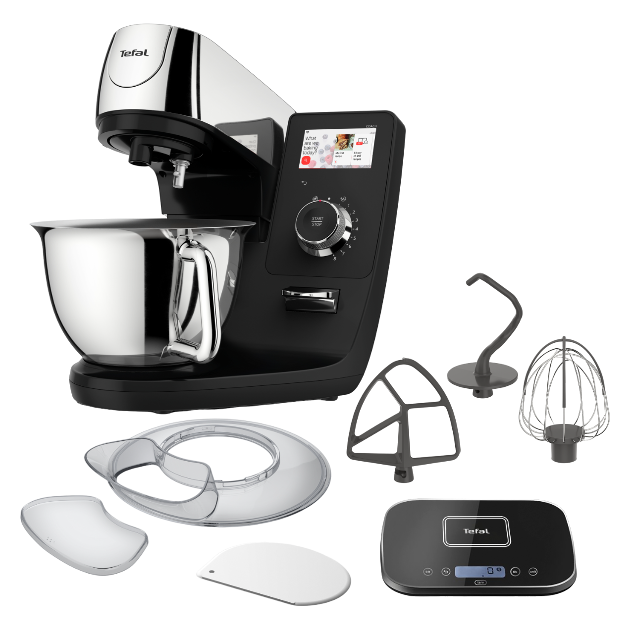 Tefal Küchenmaschine mit Zubehör, schwarz und silber mit Bildschirm.