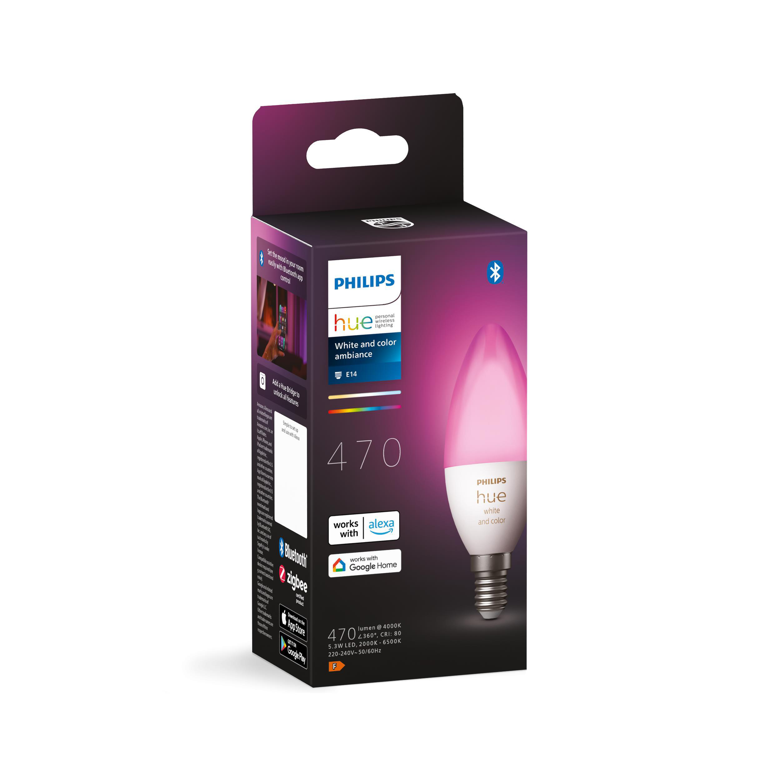 Eine Philips Hue Glühbirne in einer Box, rosa Farbe.