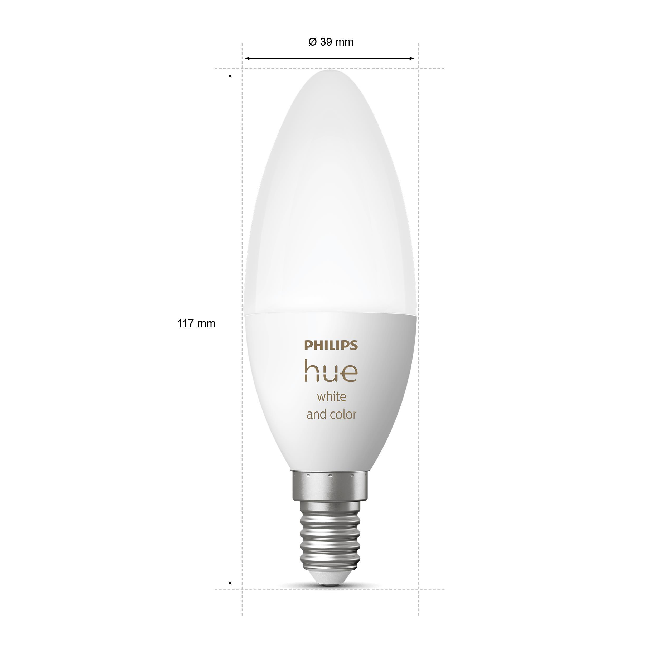 Philips Hue weiße und farbige Smart-Glühbirne, weiß und silber, mit Abmessungen in mm.