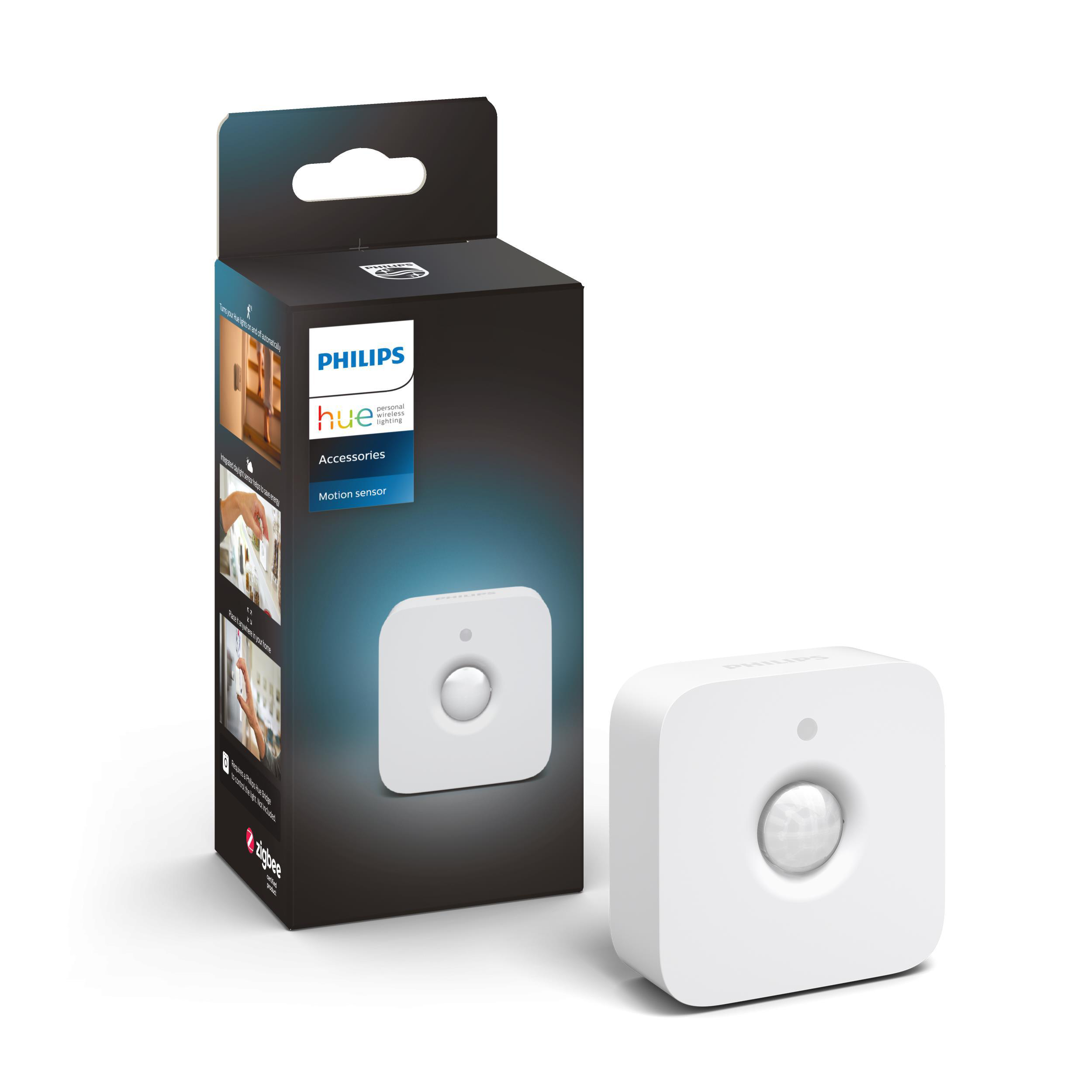 Weißer Bewegungssensor und Verpackung auf weißem Hintergrund. Box mit Philips-Logo.