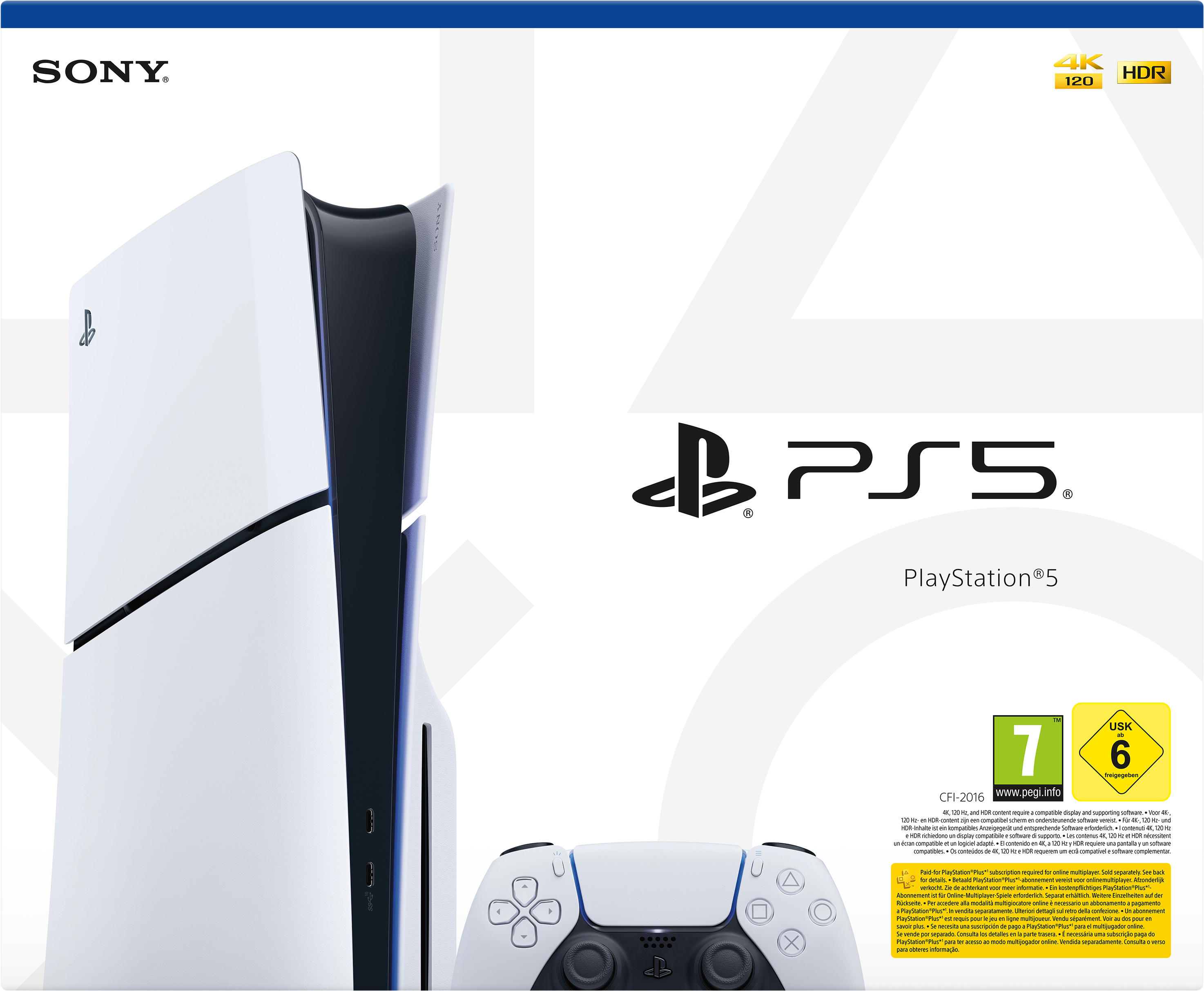 PlayStation 5-Box mit Konsole und Controller. Weiße, schwarze und blaue Farben. 4K, HDR und 120-Etiketten sichtbar.