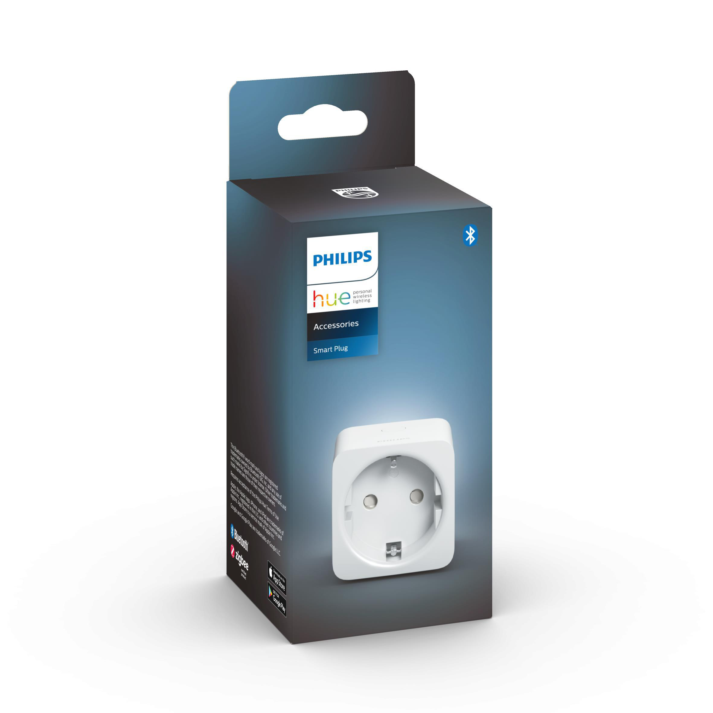 Eine Schachtel mit Philips Hue Smart Plug Zubehör, mit sichtbarem Stecker, auf weißem Grund.