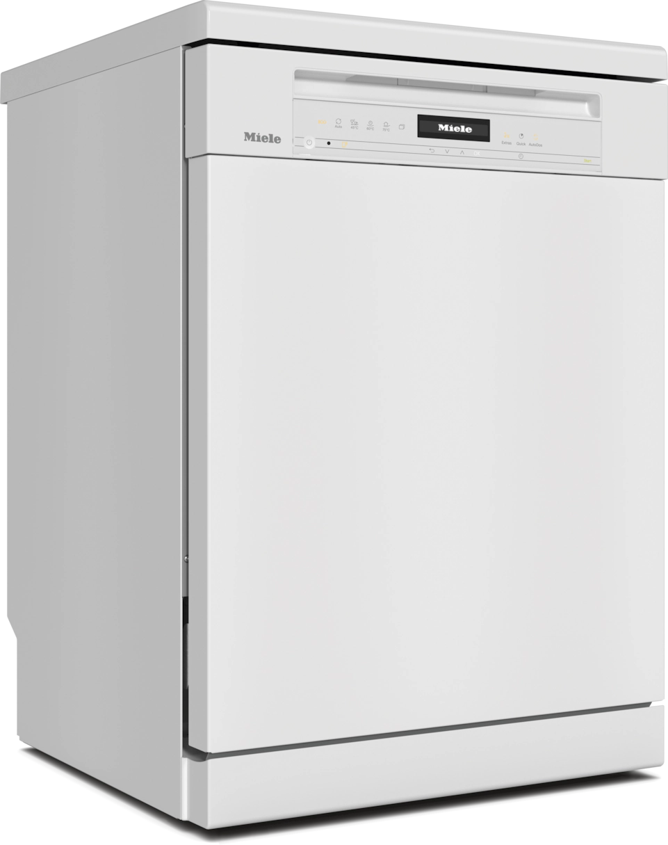 Lavavajillas Miele blanco. Panel de control blanco con botones y pantalla. Logo Miele arriba.
